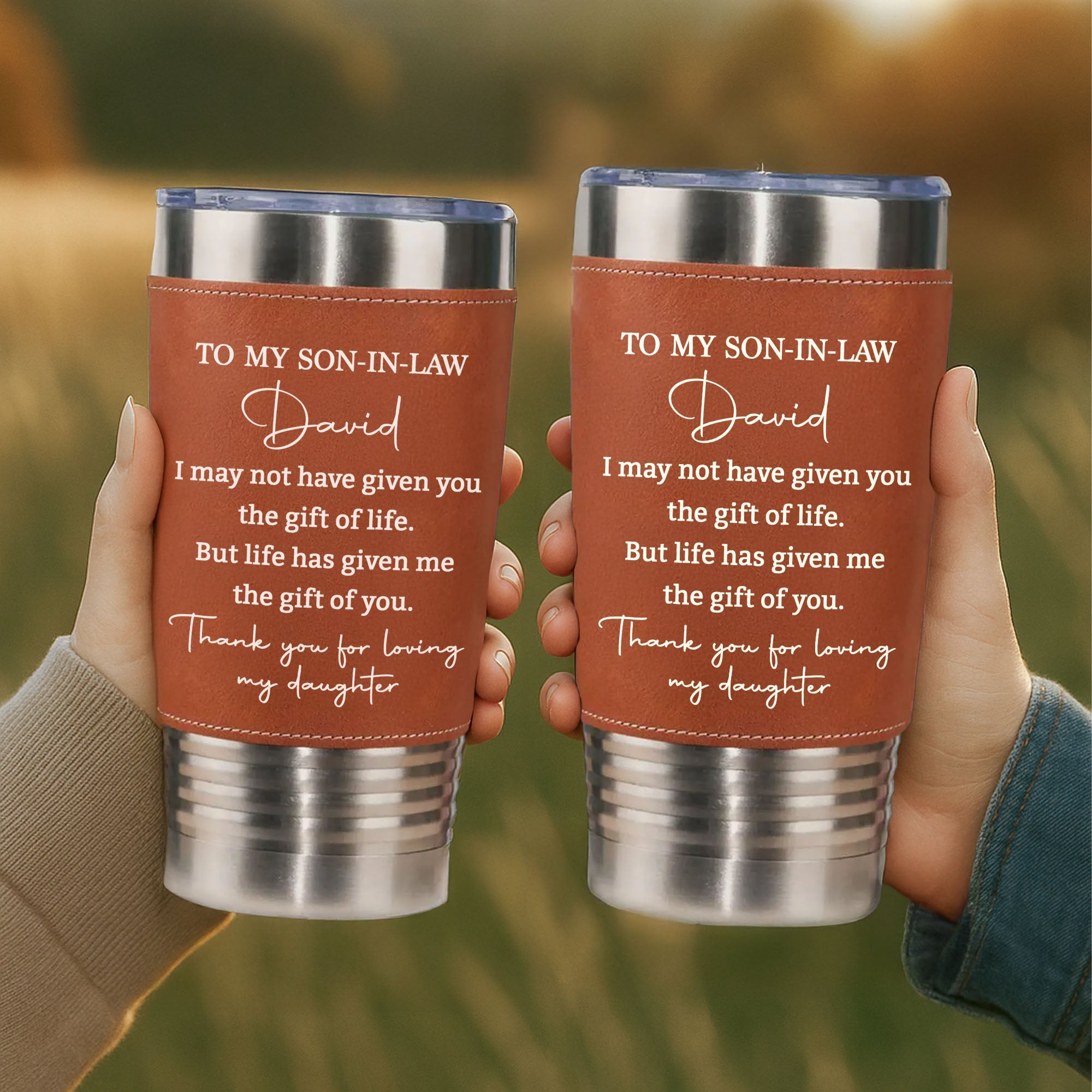 Personalized Leather Tumbler Custom Gift for Son-In-Law Leather Tumbler GradoCreations