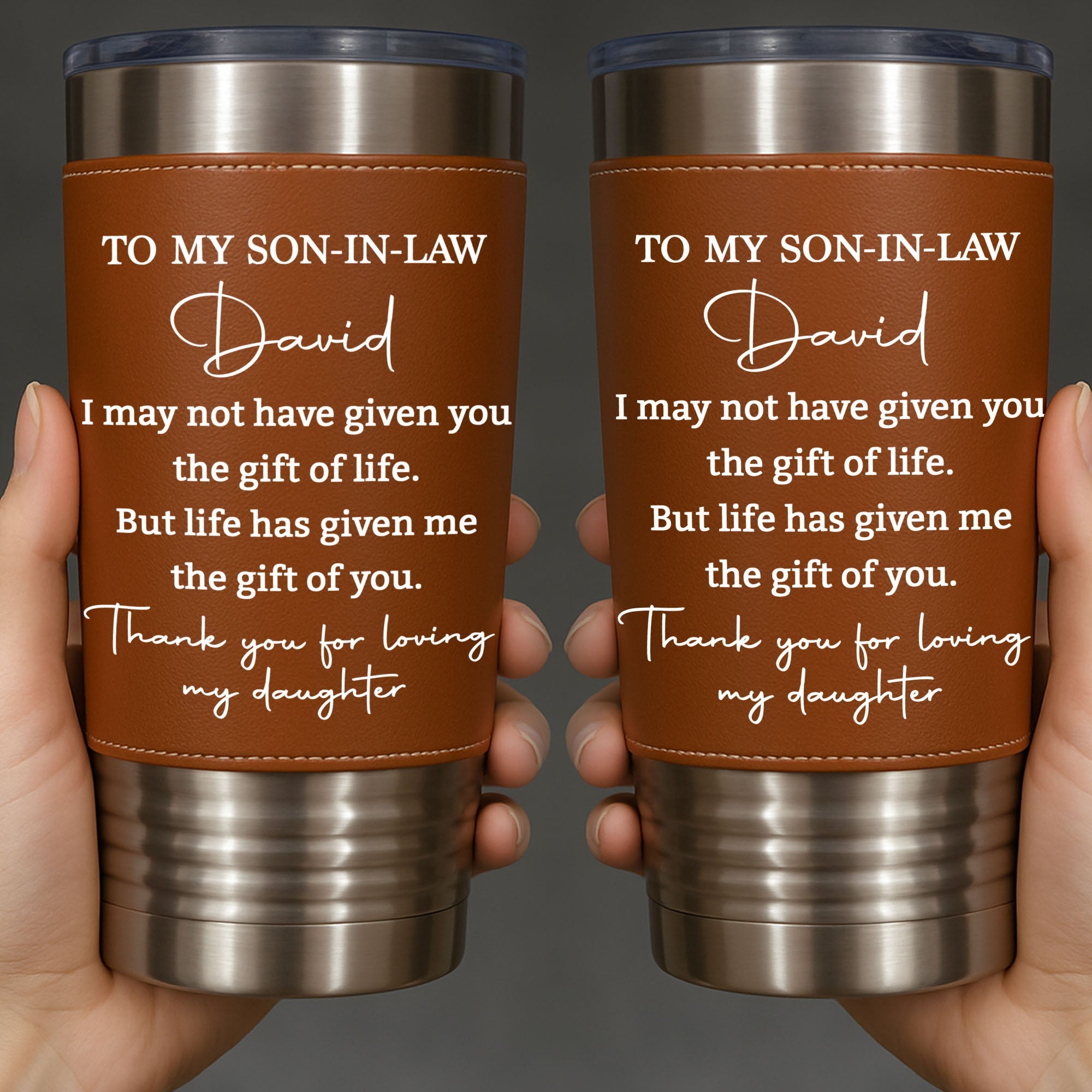 Personalized Leather Tumbler Custom Gift for Son-In-Law Leather Tumbler GradoCreations