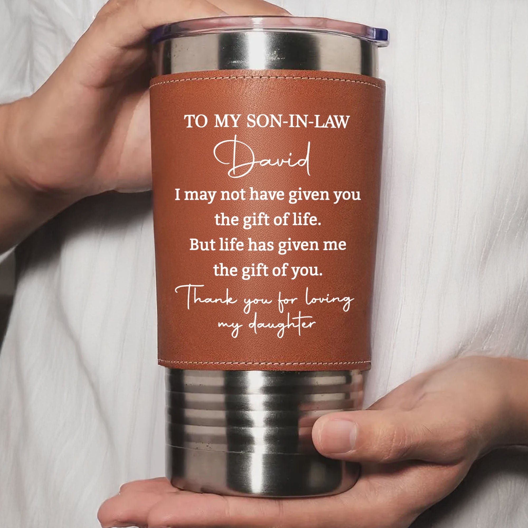 Personalized Leather Tumbler Custom Gift for Son-In-Law Leather Tumbler GradoCreations