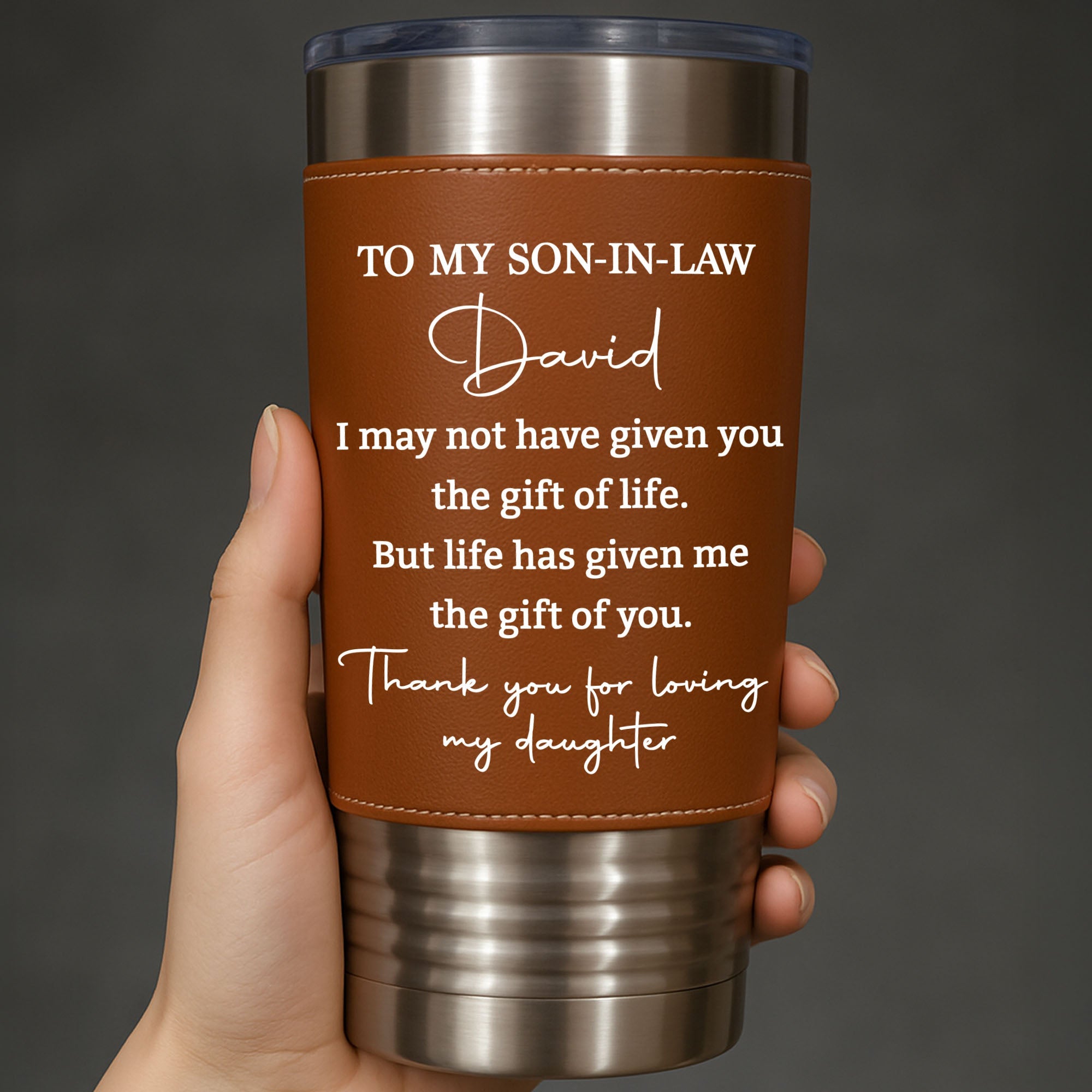 Personalized Leather Tumbler Custom Gift for Son-In-Law Leather Tumbler GradoCreations