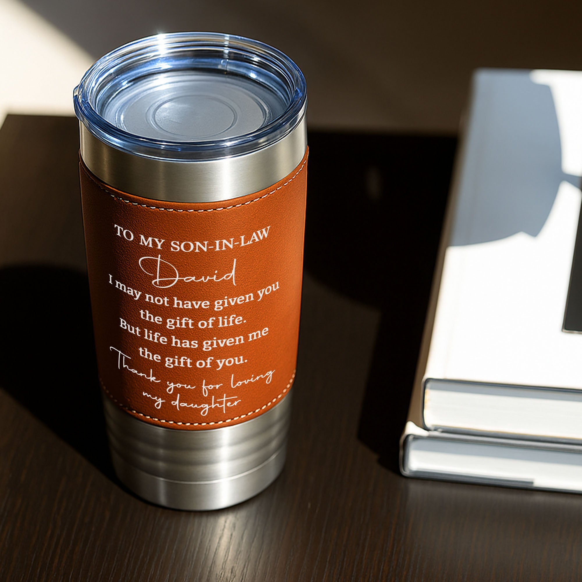 Personalized Leather Tumbler Custom Gift for Son-In-Law Leather Tumbler GradoCreations
