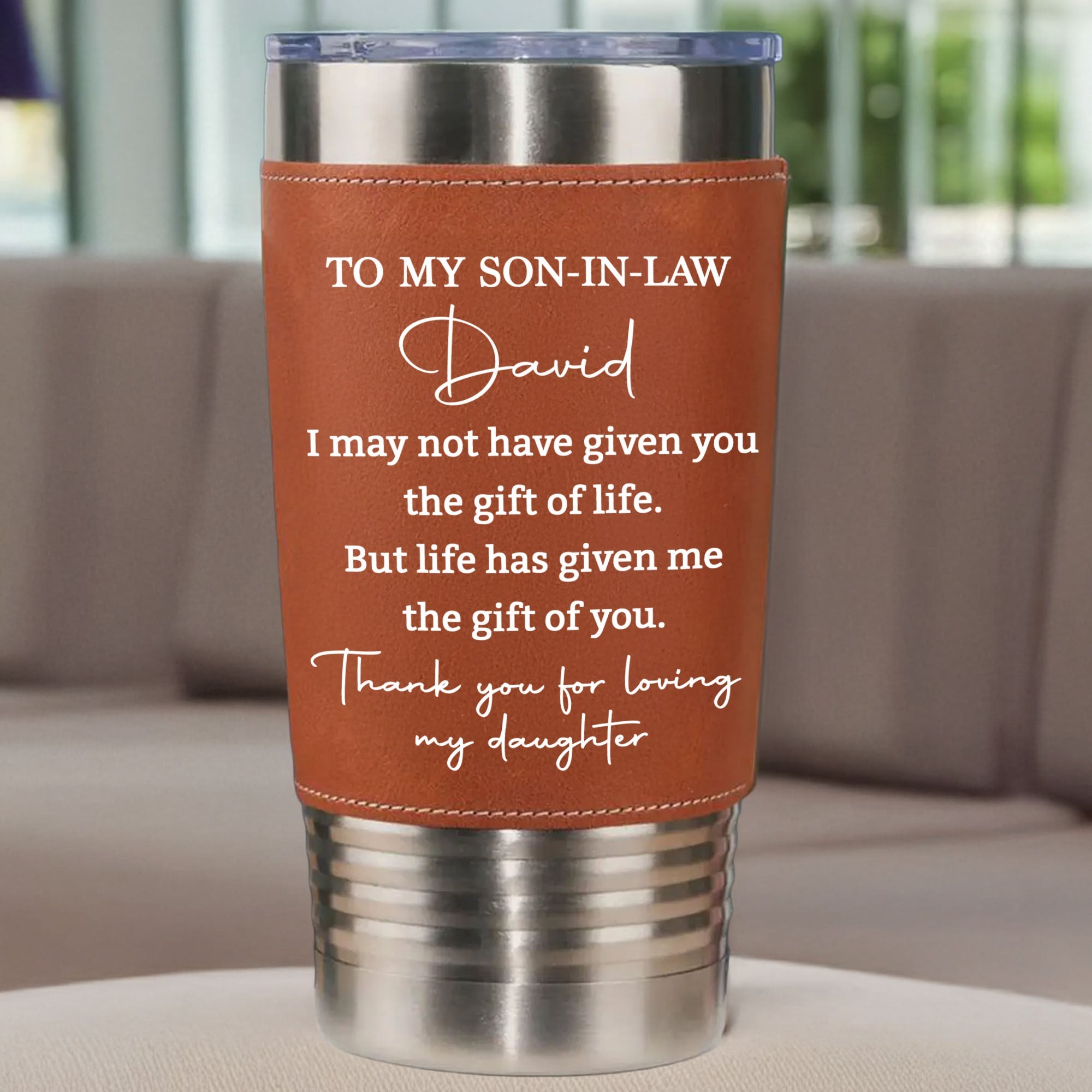 Personalized Leather Tumbler Custom Gift for Son-In-Law Leather Tumbler GradoCreations