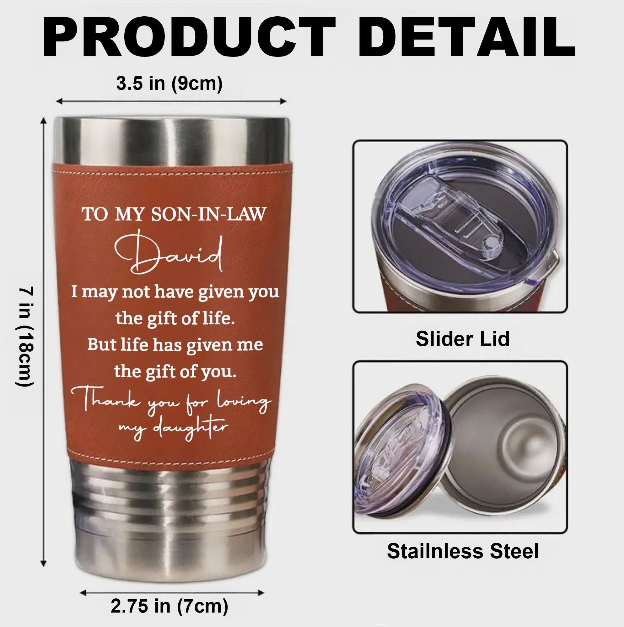Personalized Leather Tumbler Custom Gift for Son-In-Law Leather Tumbler GradoCreations