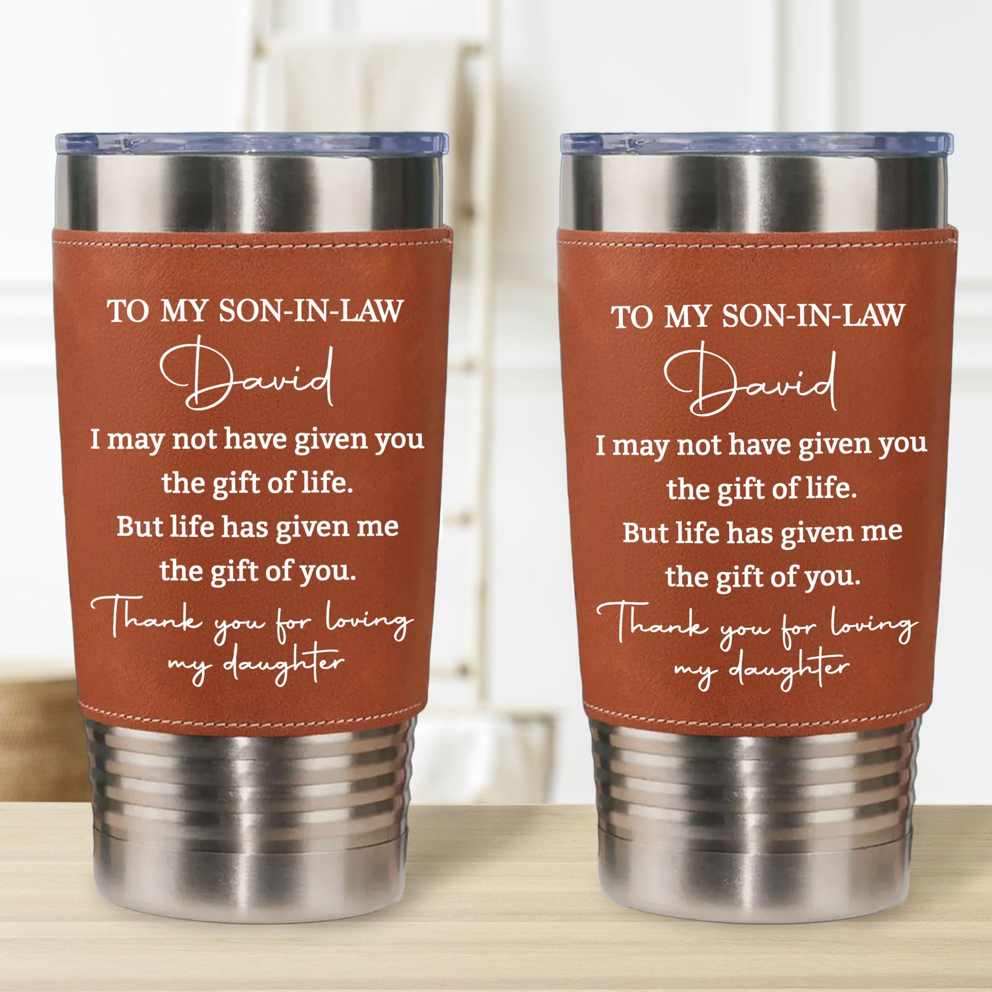 Personalized Leather Tumbler Custom Gift for Son-In-Law Leather Tumbler GradoCreations
