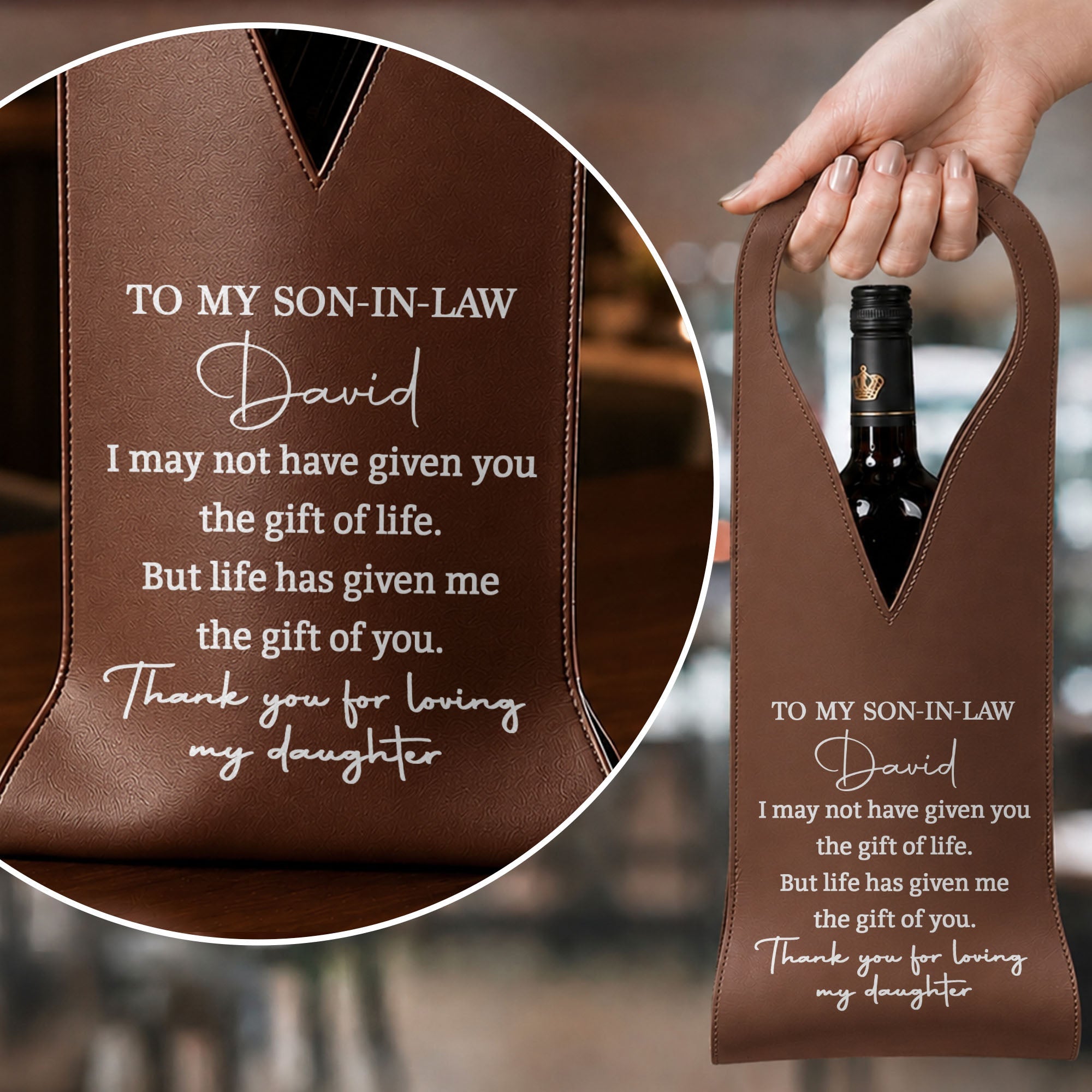 Personalized Leather Wine Bag Custom Gift for Son-in-Law