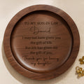 Personalized Round Walnut Wood Ring Dish Custom Name for Son-In-Law Wood Ring Dish GradoCreations