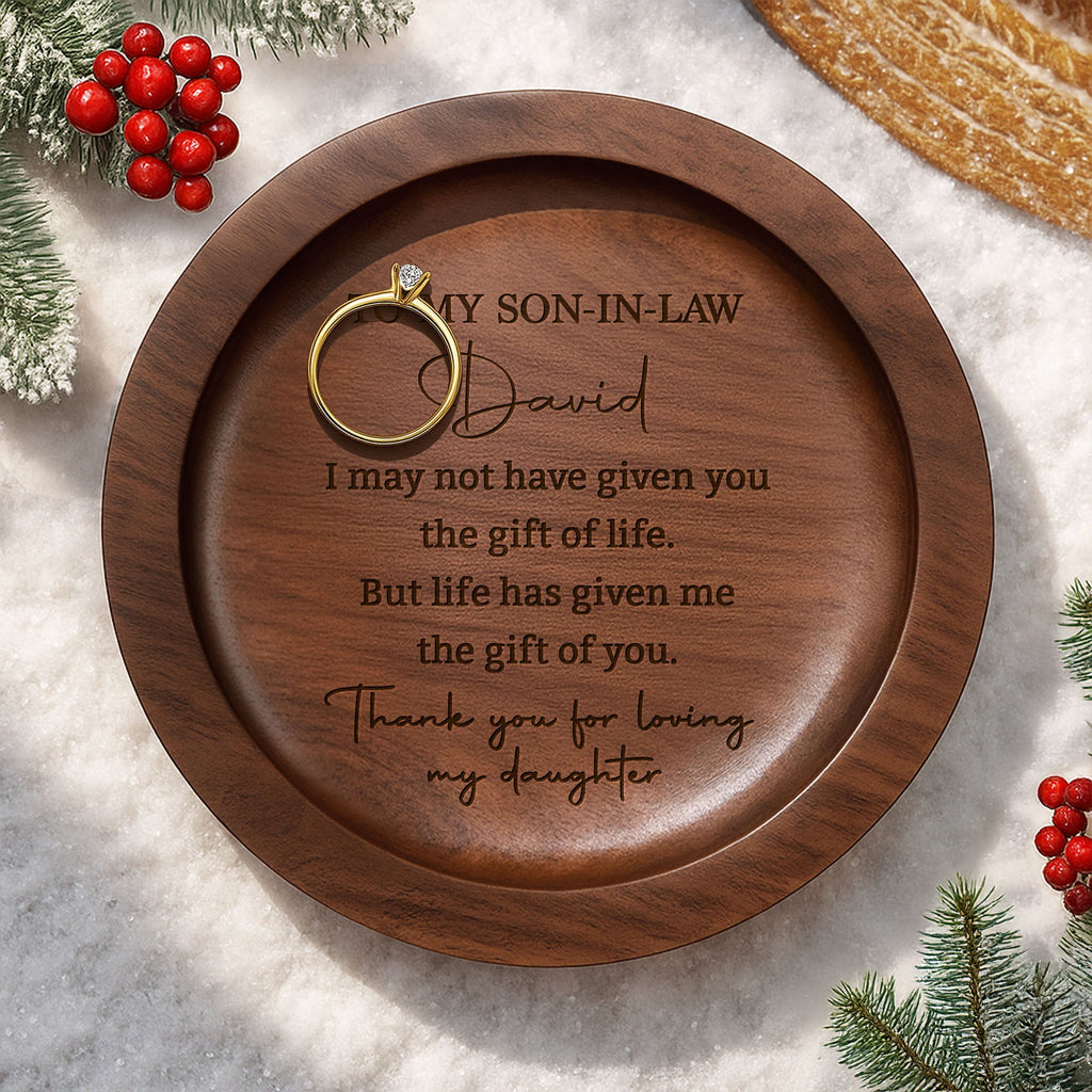 Personalized Round Walnut Wood Ring Dish Custom Name for Son-In-Law Wood Ring Dish GradoCreations