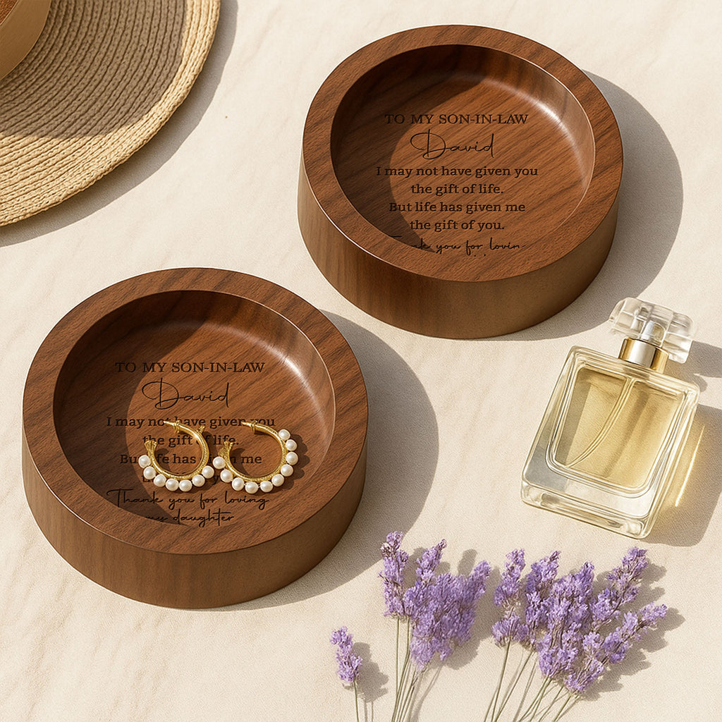 Personalized Round Walnut Wood Ring Dish Custom Name for Son-In-Law Wood Ring Dish GradoCreations