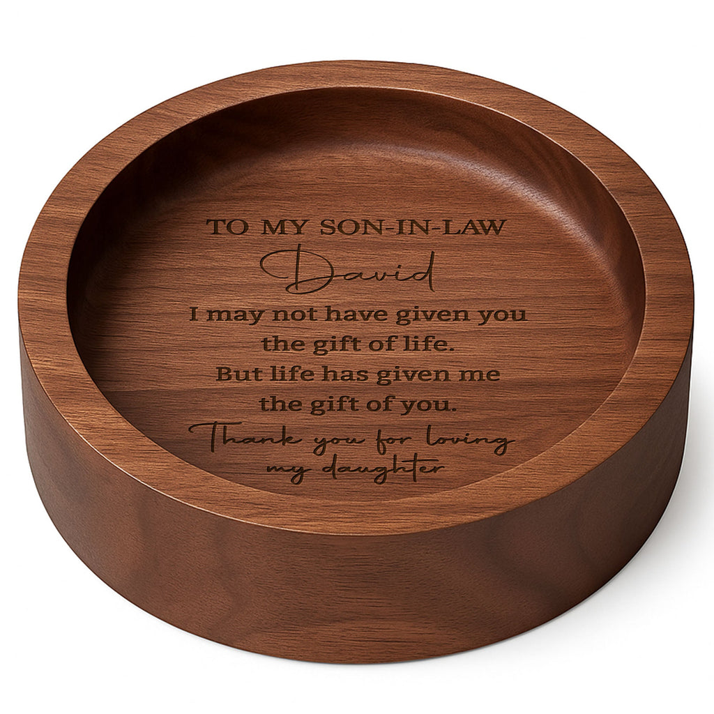 Personalized Round Walnut Wood Ring Dish Custom Name for Son-In-Law Wood Ring Dish GradoCreations