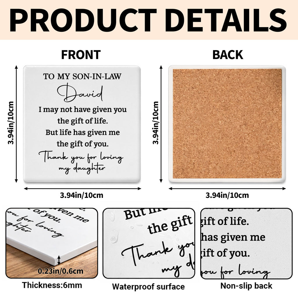 Personalized Ceramic Coaster Custom Gift for Son-In-Law Square Ceramic Coaster GradoCreations
