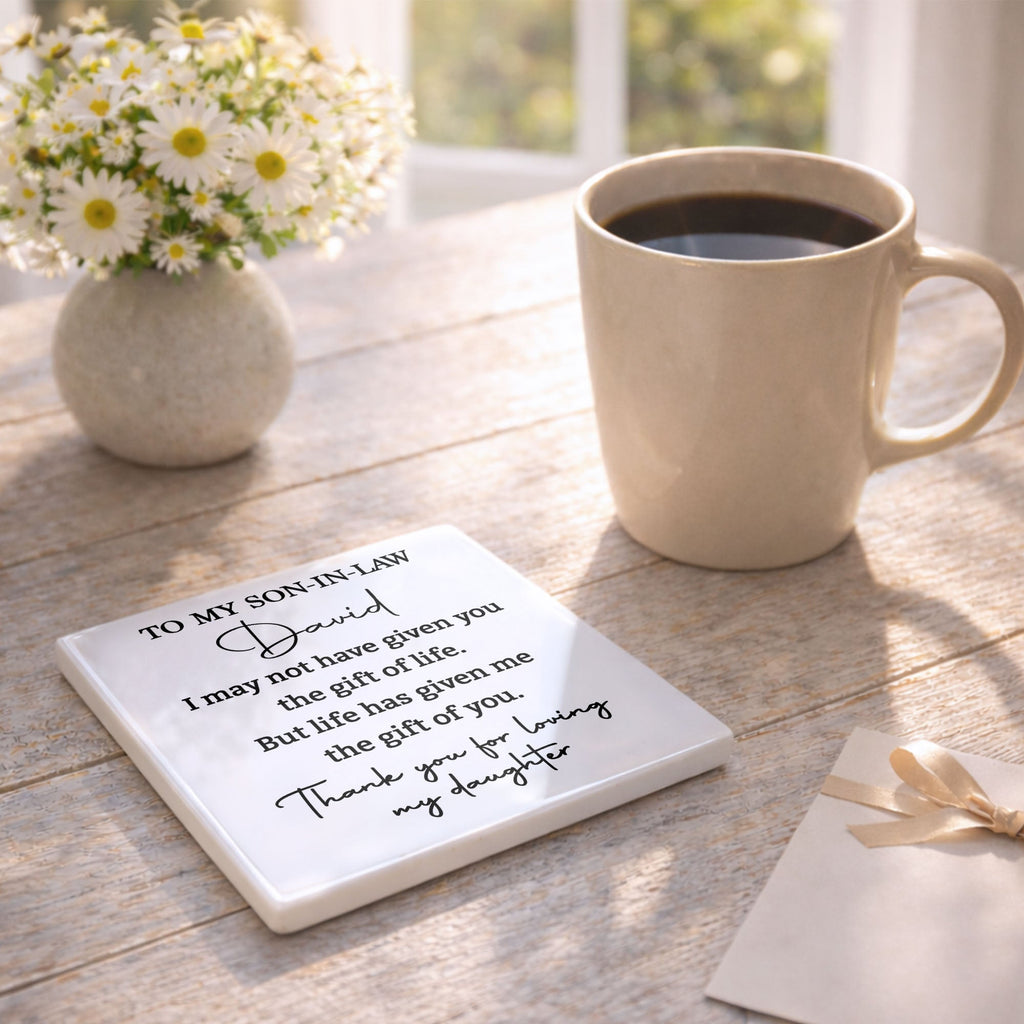 Personalized Ceramic Coaster Custom Gift for Son-In-Law Square Ceramic Coaster GradoCreations