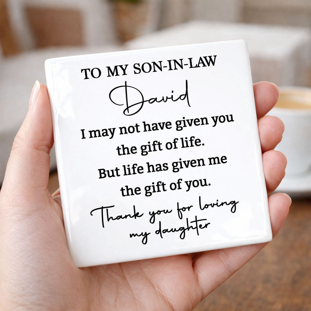 Personalized Ceramic Coaster Custom Gift for Son-In-Law Square Ceramic Coaster GradoCreations
