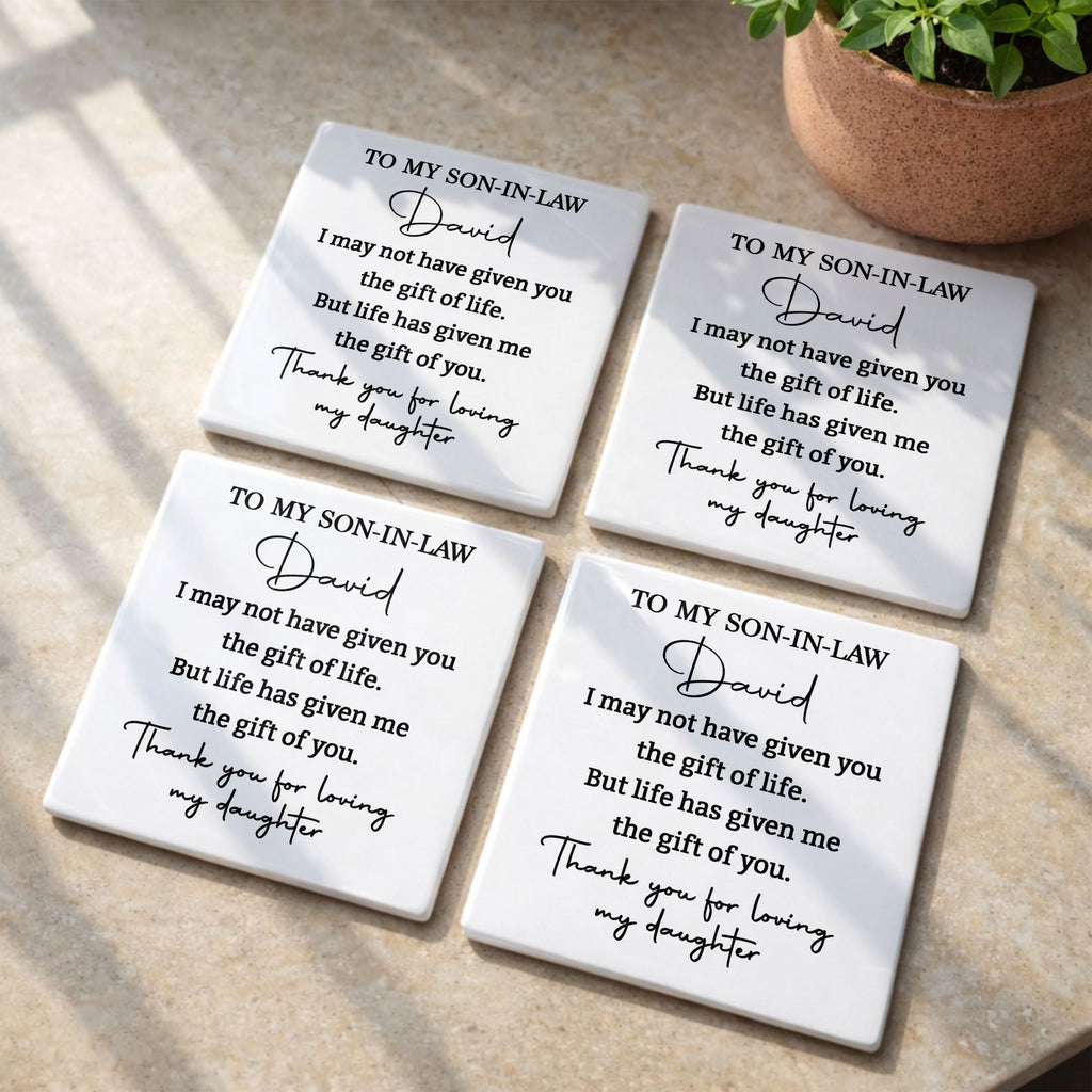 Personalized Ceramic Coaster Custom Gift for Son-In-Law Square Ceramic Coaster GradoCreations