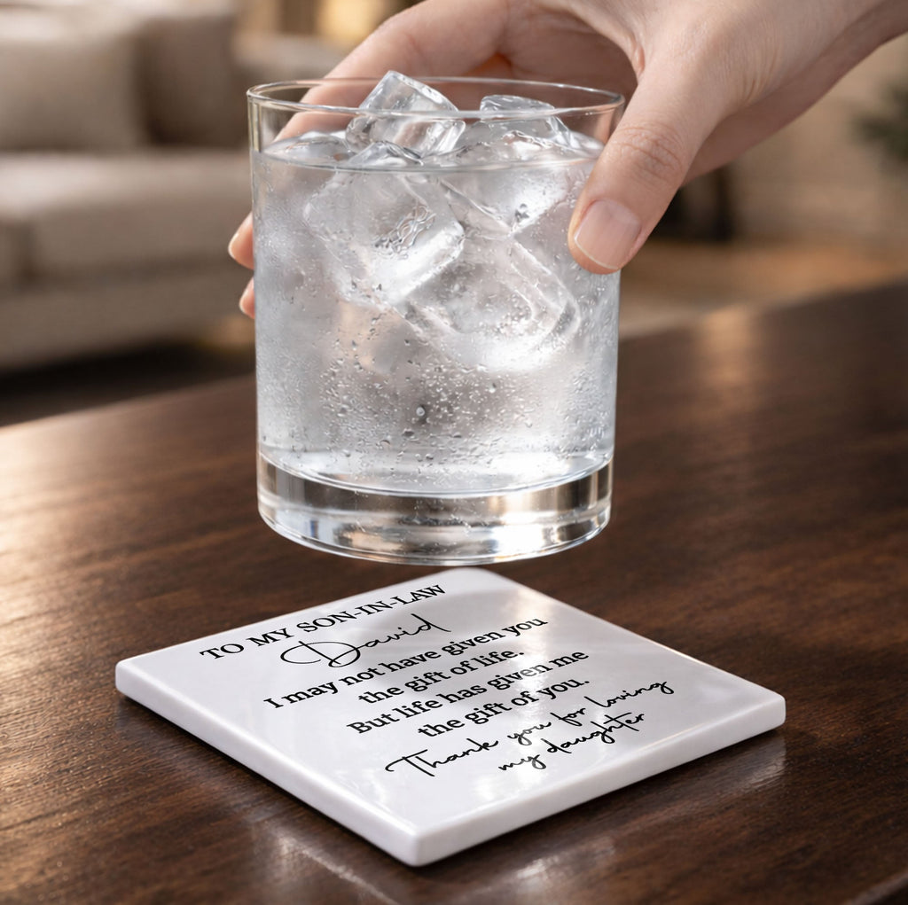 Personalized Ceramic Coaster Custom Gift for Son-In-Law Square Ceramic Coaster GradoCreations