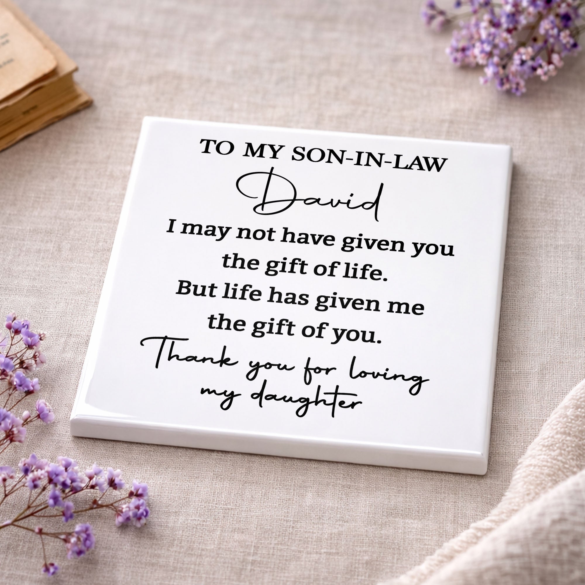 Personalized Ceramic Coaster Custom Gift for Son-In-Law Square Ceramic Coaster GradoCreations