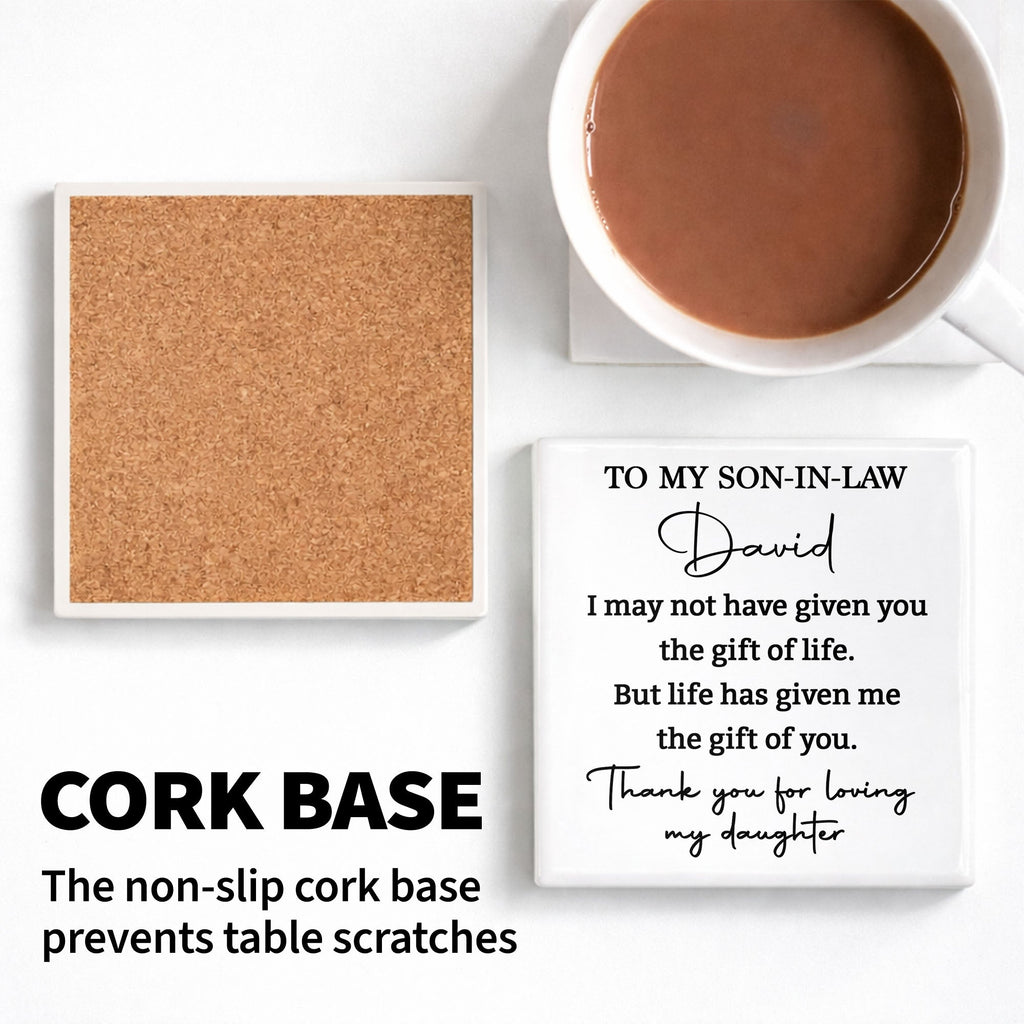 Personalized Ceramic Coaster Custom Gift for Son-In-Law Square Ceramic Coaster GradoCreations