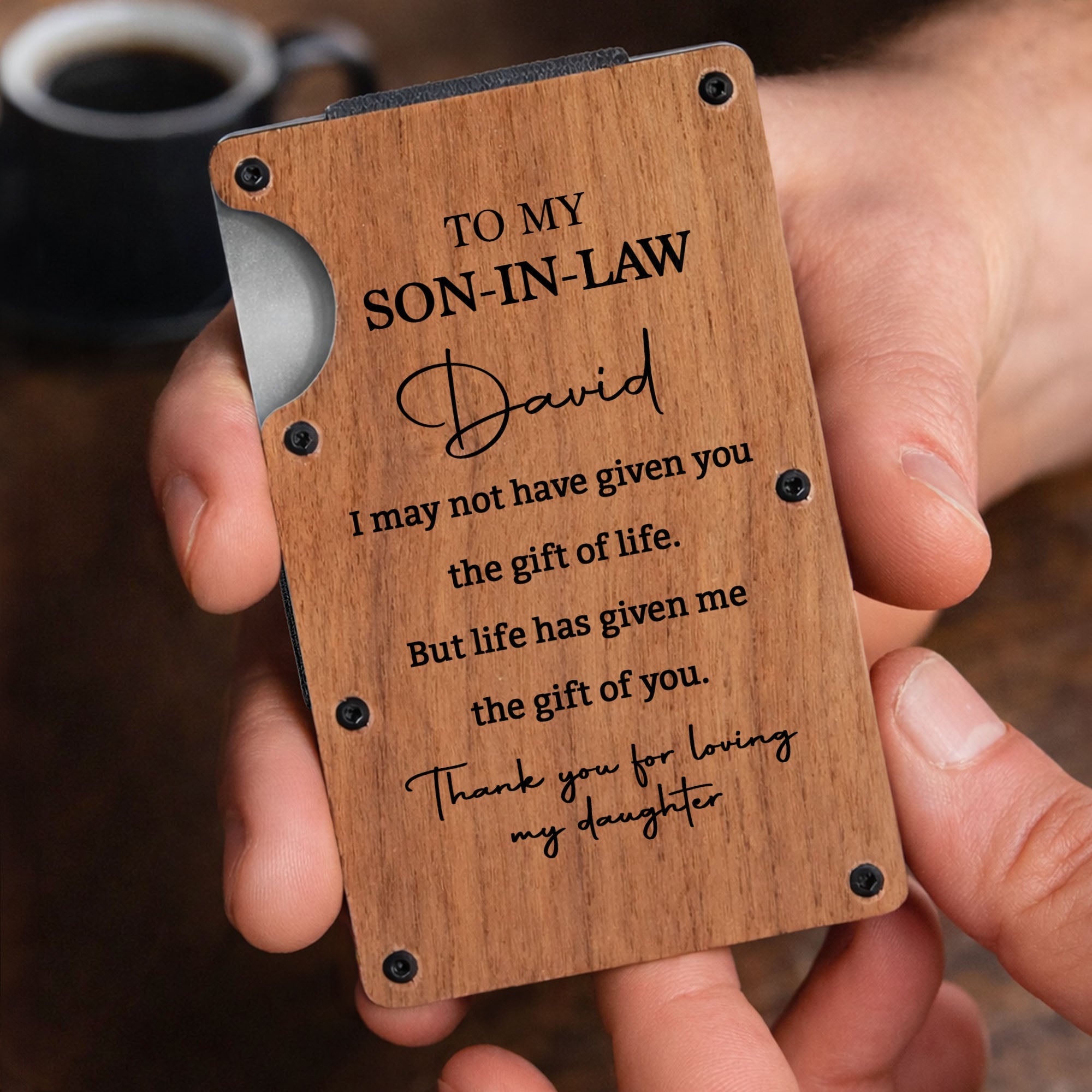 Personalized Walnut Card Holder Custom Engraved Gift for Son-in-Law Wooden Card Holder GradoCreations