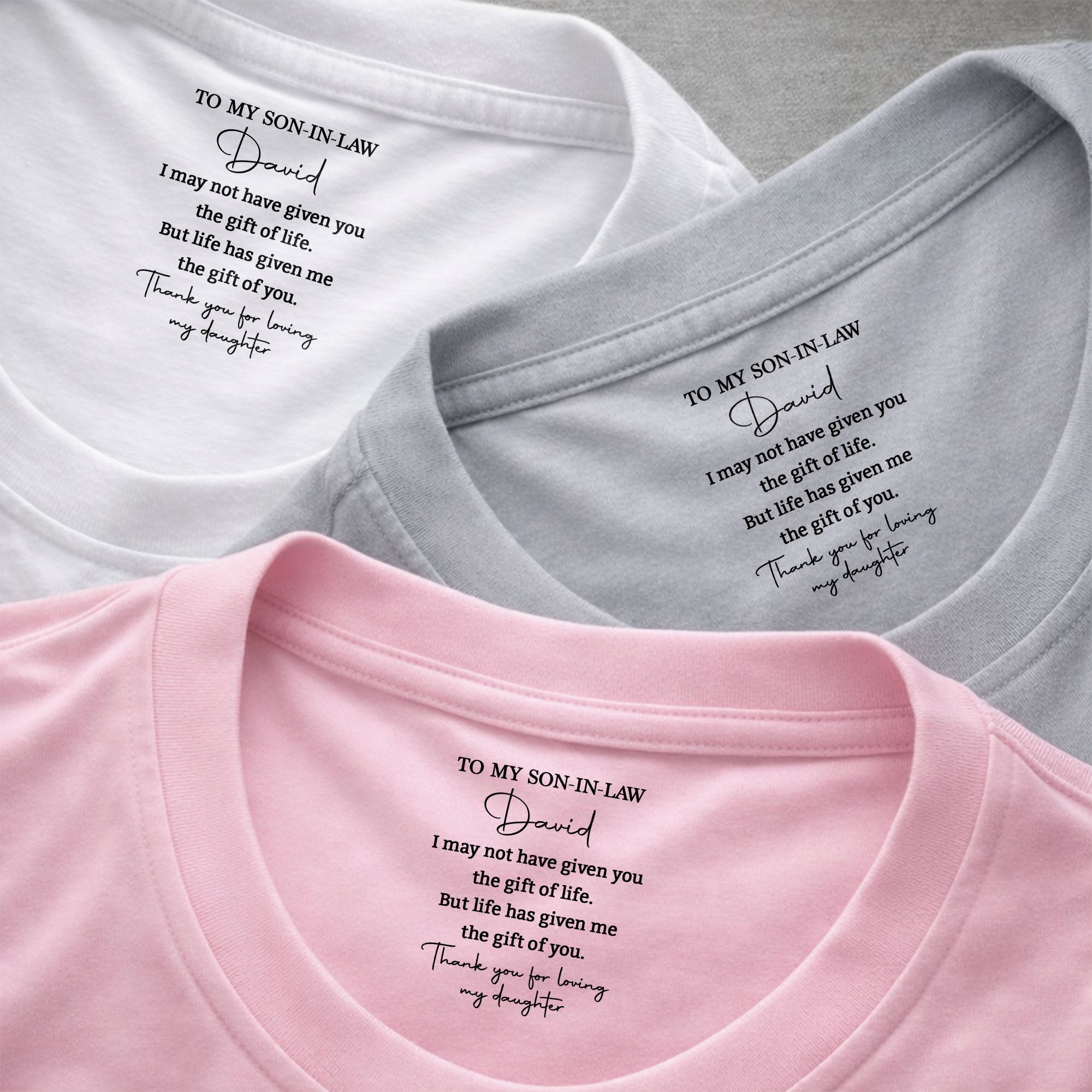 Personalized Inside Neck Print T-Shirt Gift for Son-in-Law Basic Shirt, Print inside back collar GradoCreations