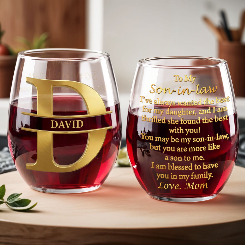 Personalized Stemless Wine Glass Custom Name Gift for Son-in-Law