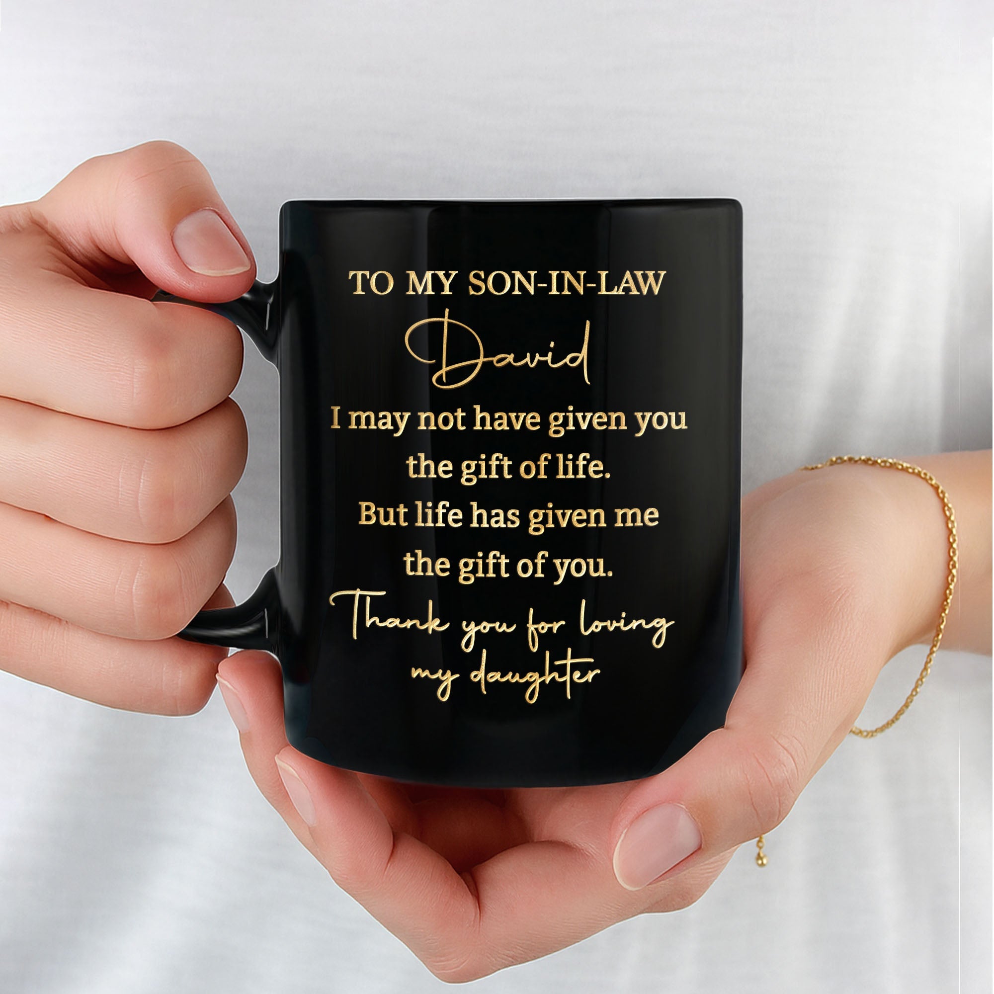 Personalized Black Mug Custom Quote Gift for Son-in-Law Black Mug GradoCreations