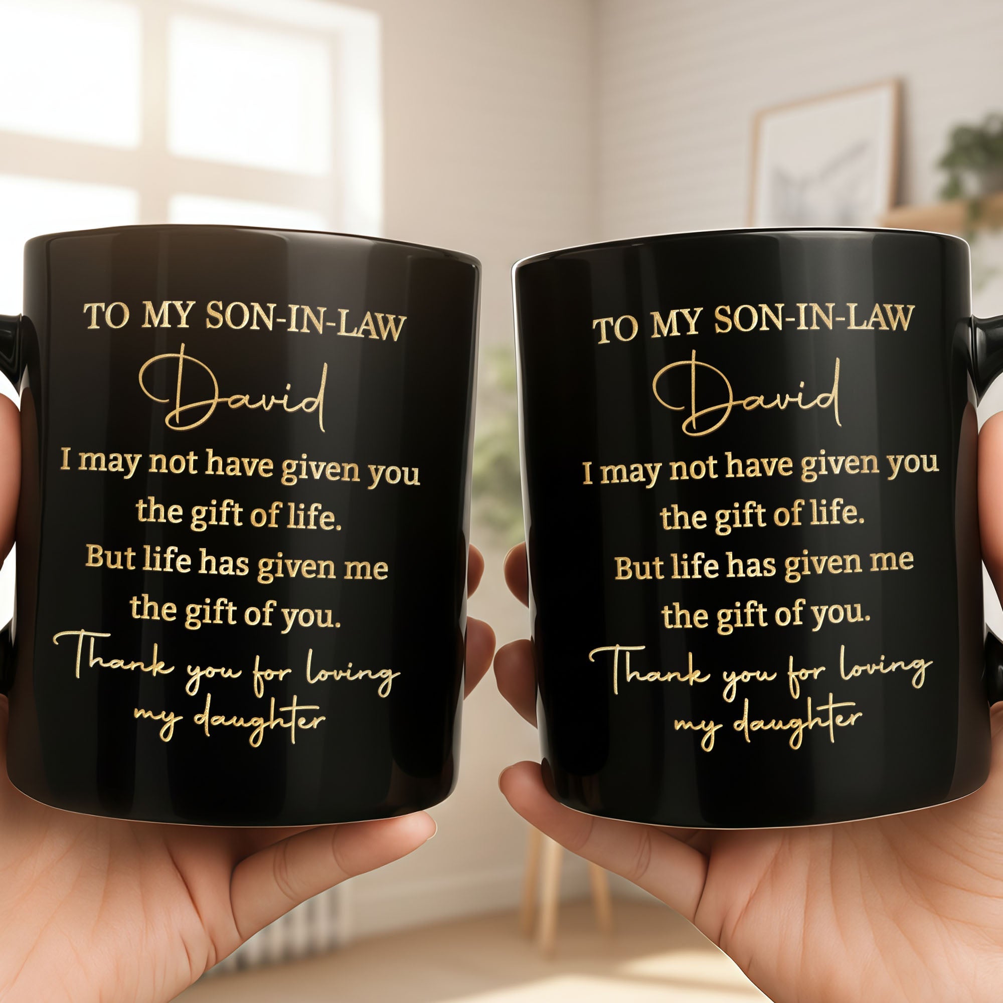 Personalized Black Mug Custom Quote Gift for Son-in-Law Black Mug GradoCreations