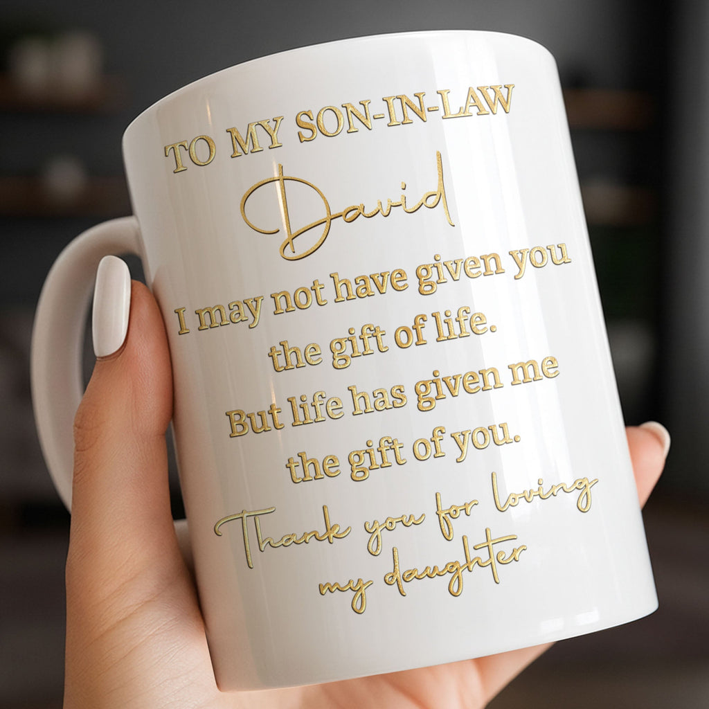 Personalized Coffee Mug Custom Gift for Son-In-Law Gold Text Edge-to-edge Mug GradoCreations