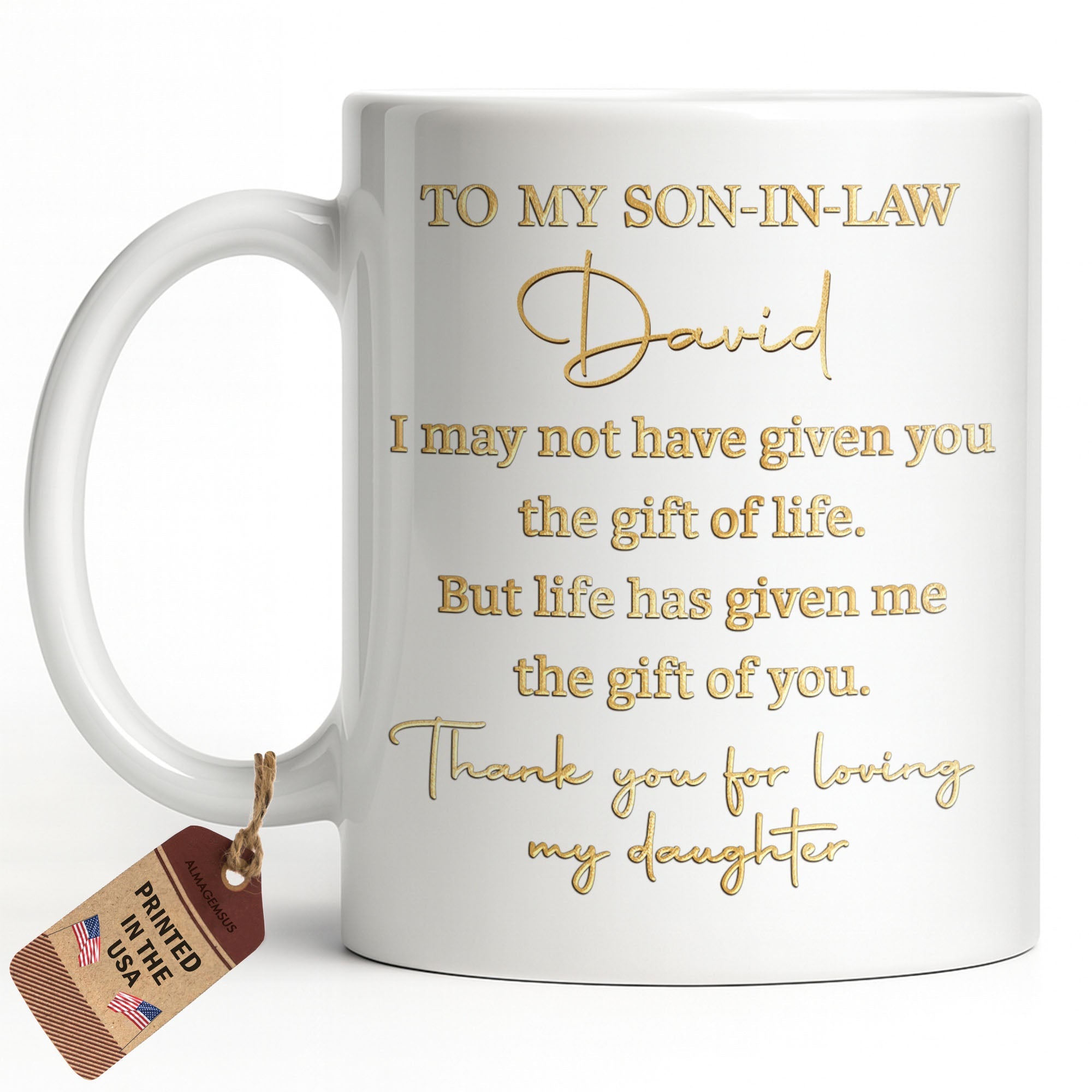 Personalized Coffee Mug Custom Gift for Son-In-Law Gold Text Edge-to-edge Mug GradoCreations