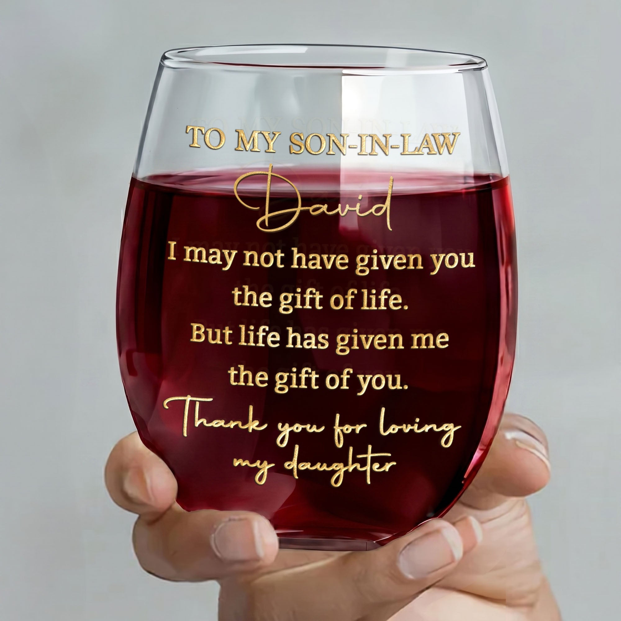 Personalized Stemless Wine Glass Custom Name Gift for Son-in-Law Wine Glasses GradoCreations