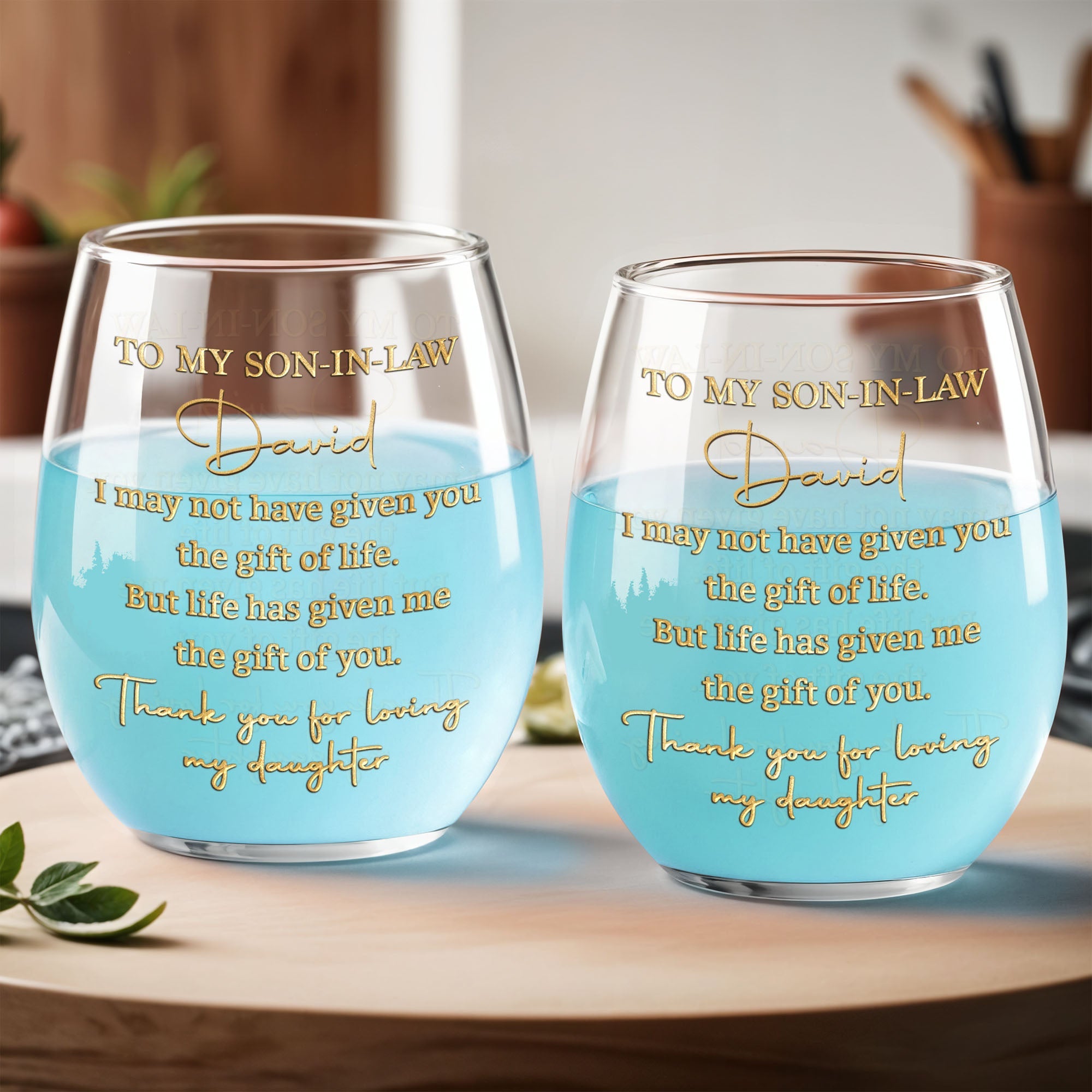 Personalized Stemless Wine Glass Custom Name Gift for Son-in-Law Wine Glasses GradoCreations