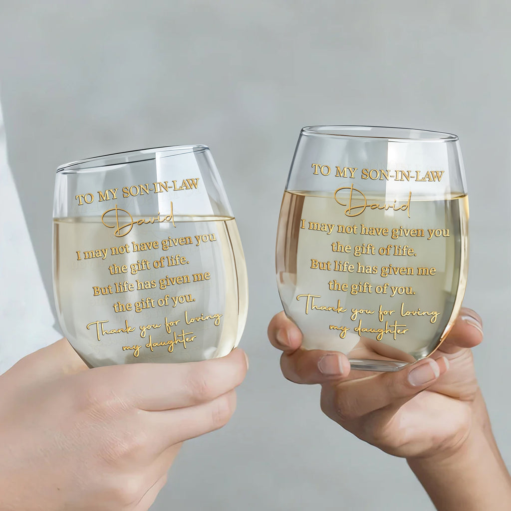 Personalized Stemless Wine Glass Custom Name Gift for Son-in-Law Wine Glasses GradoCreations