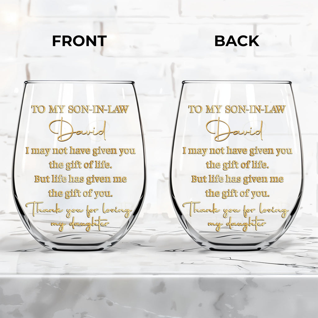 Personalized Stemless Wine Glass Custom Name Gift for Son-in-Law Wine Glasses GradoCreations
