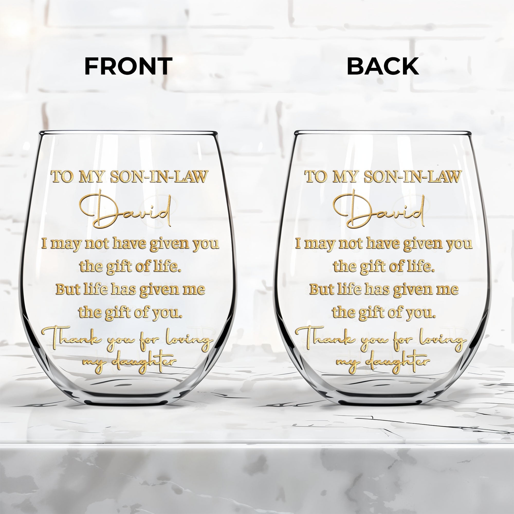 Personalized Stemless Wine Glass Custom Name Gift for Son-in-Law Wine Glasses GradoCreations