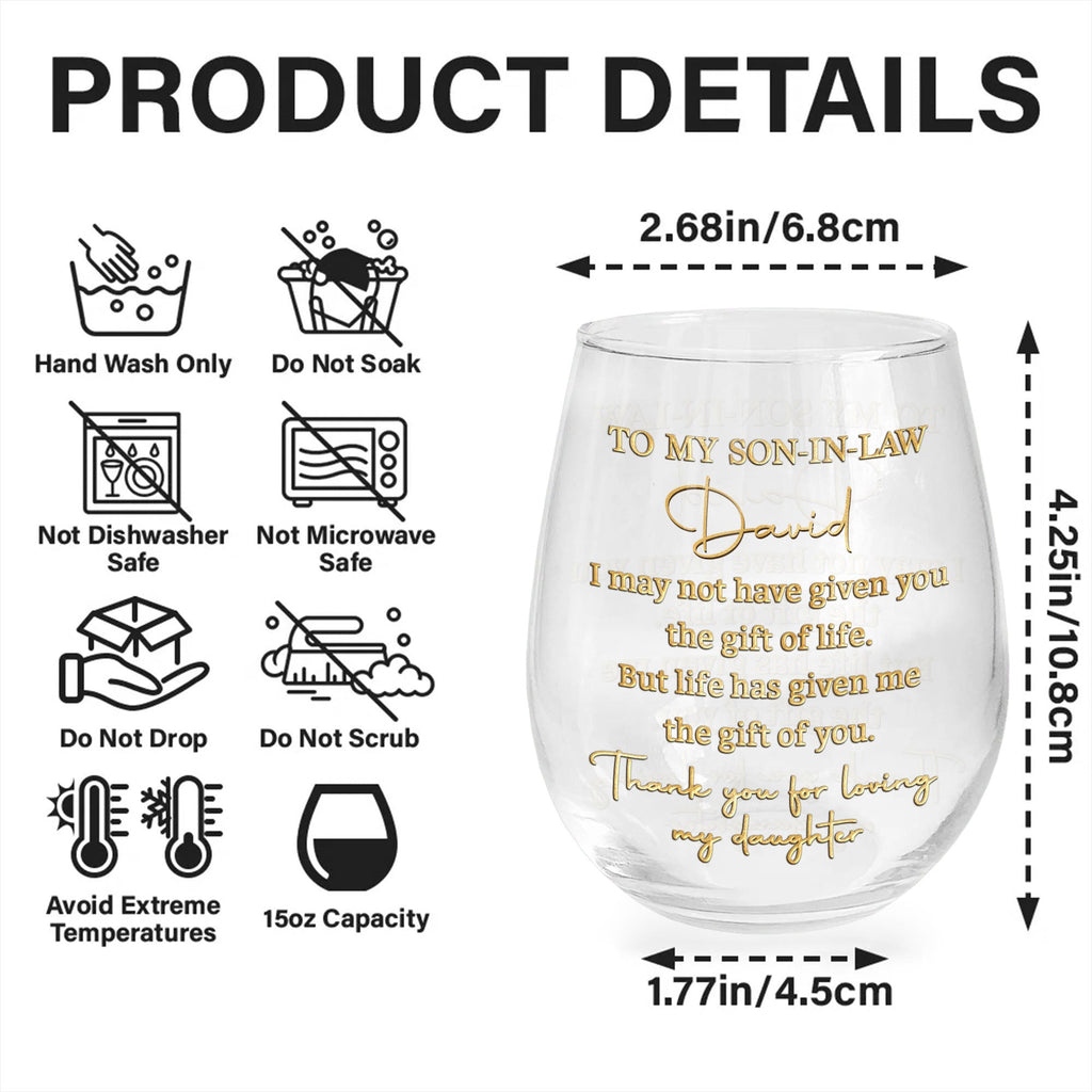 Personalized Stemless Wine Glass Custom Name Gift for Son-in-Law Wine Glasses GradoCreations