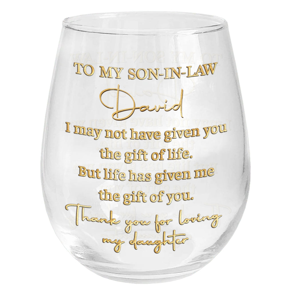 Personalized Stemless Wine Glass Custom Name Gift for Son-in-Law Wine Glasses GradoCreations