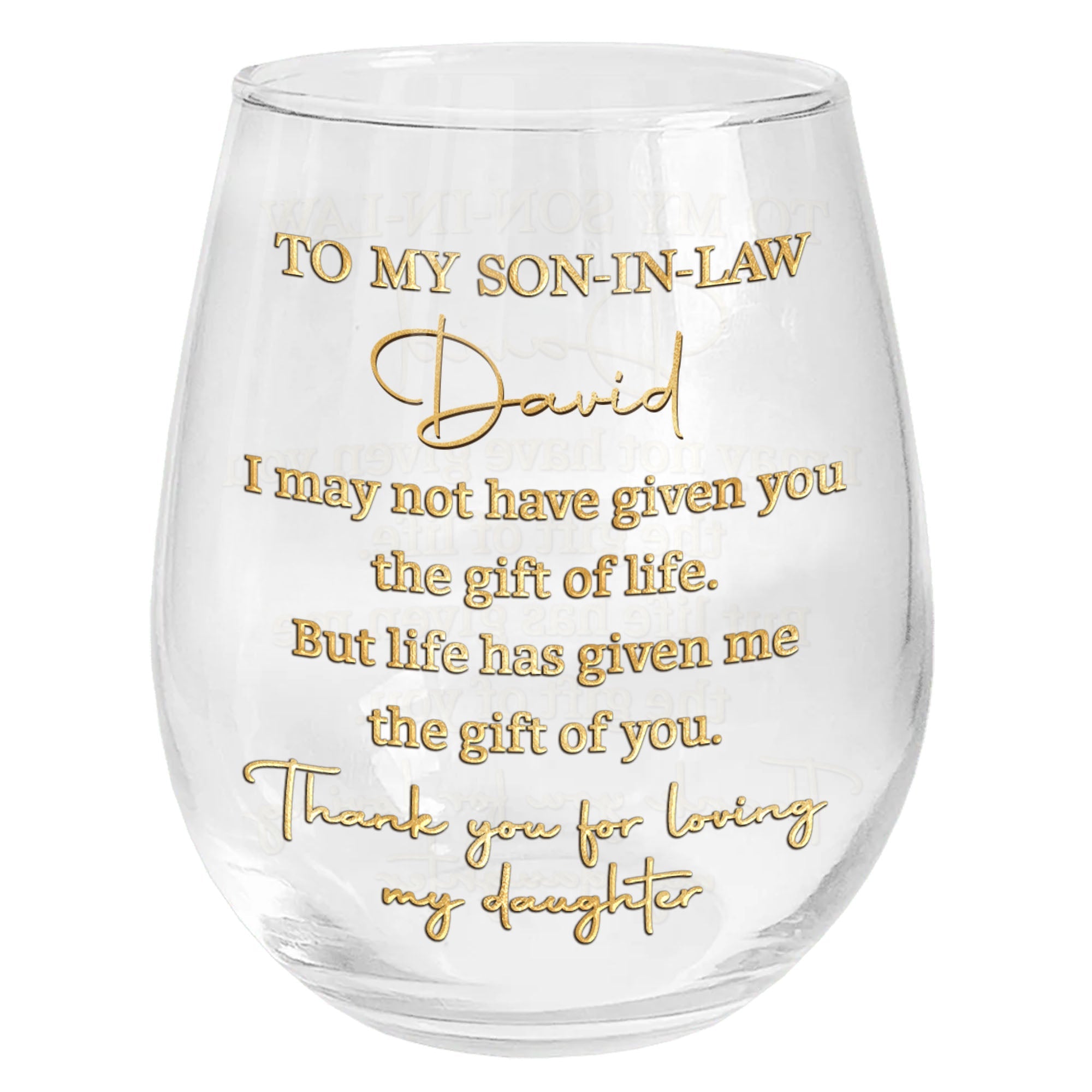 Personalized Stemless Wine Glass Custom Name Gift for Son-in-Law Wine Glasses GradoCreations