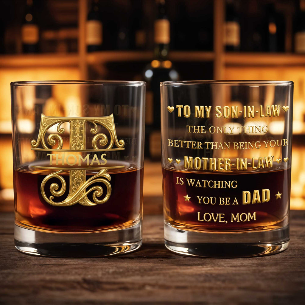 Personalized Custom Whiskey Glass with Filigree Monogram for Son-in-Law Whiskey Glass GradoCreations