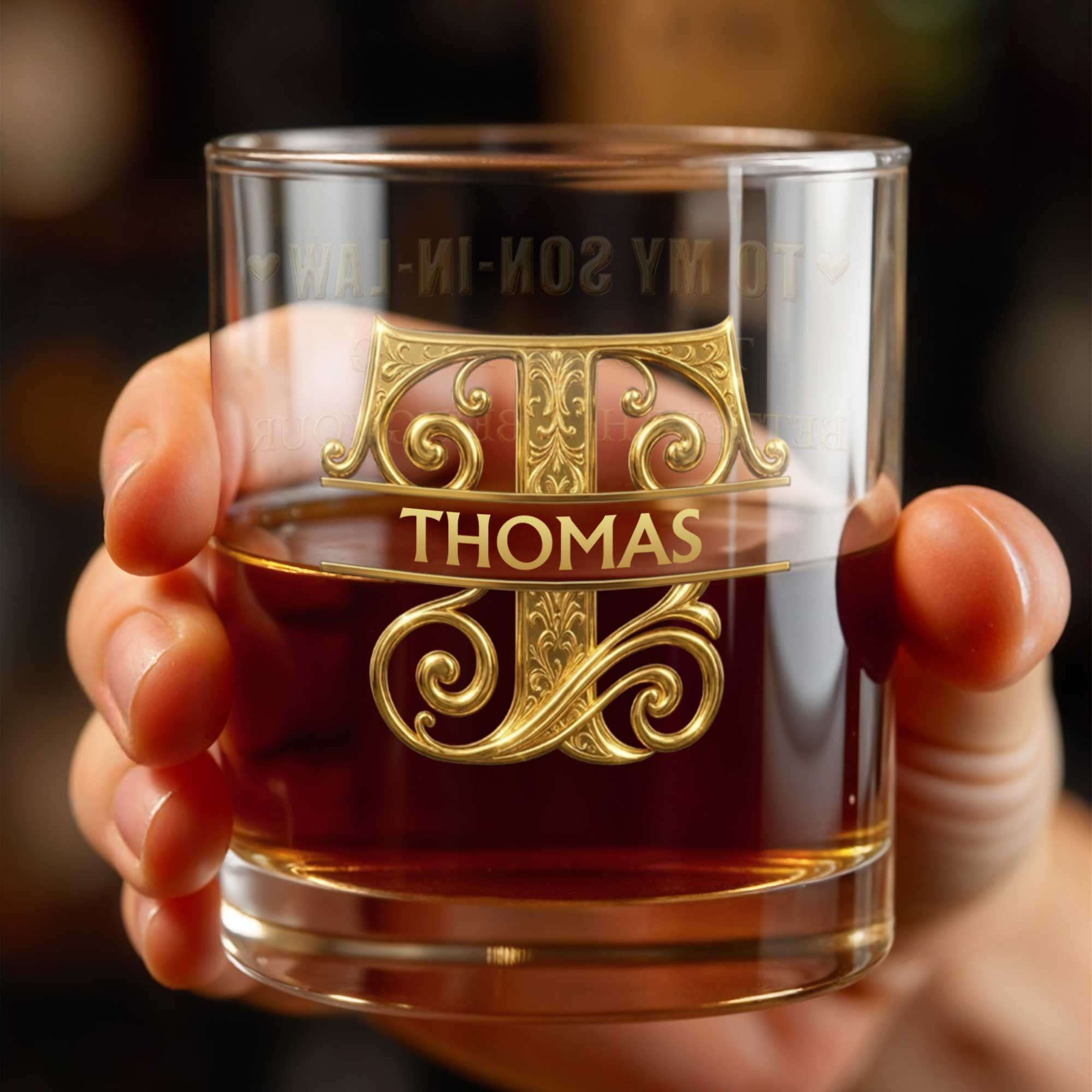 Personalized Custom Whiskey Glass with Filigree Monogram for Son-in-Law Whiskey Glass GradoCreations