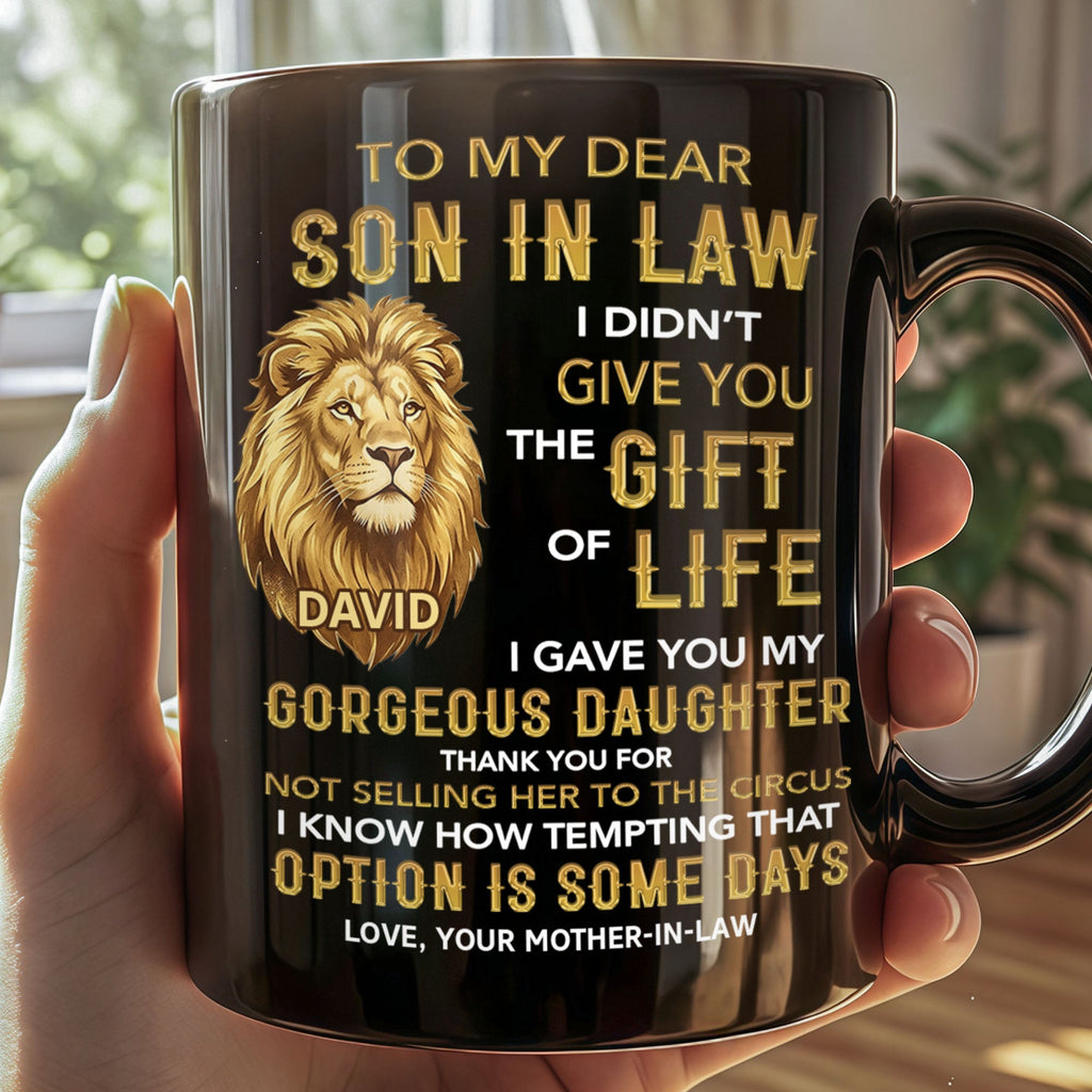 Personalized Black Mug Gift for Son-in-Law Custom Lion Design Black Mug GradoCreations