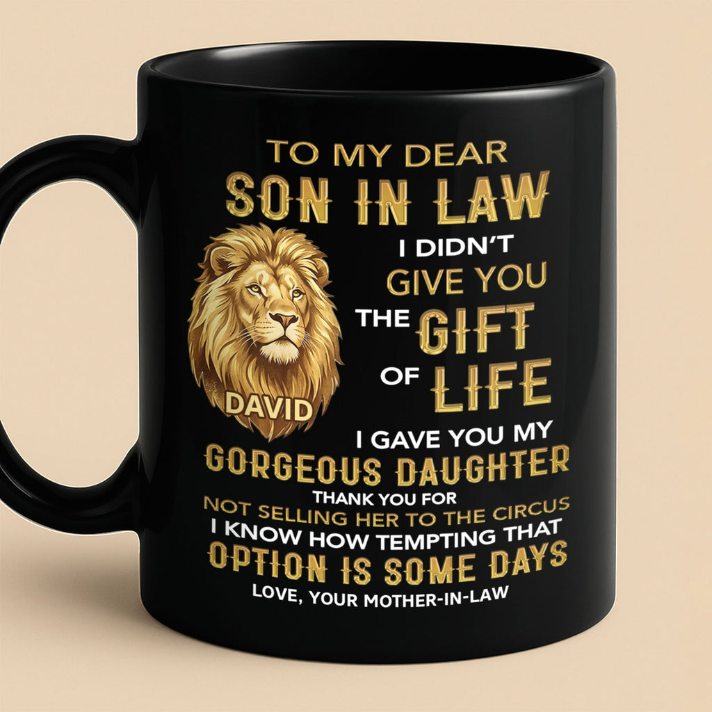 Personalized Black Mug Gift for Son-in-Law Custom Lion Design Black Mug GradoCreations