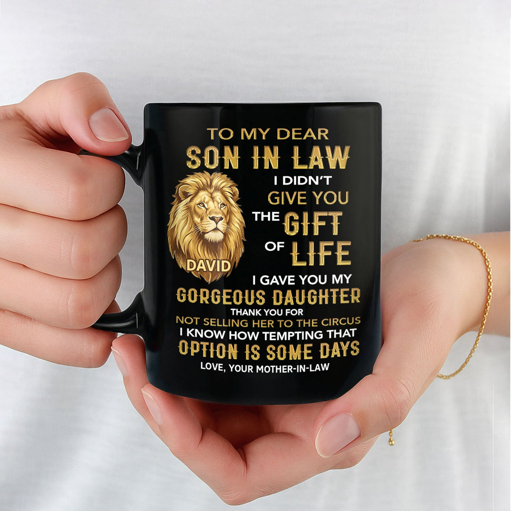 Personalized Black Mug Gift for Son-in-Law Custom Lion Design Black Mug GradoCreations