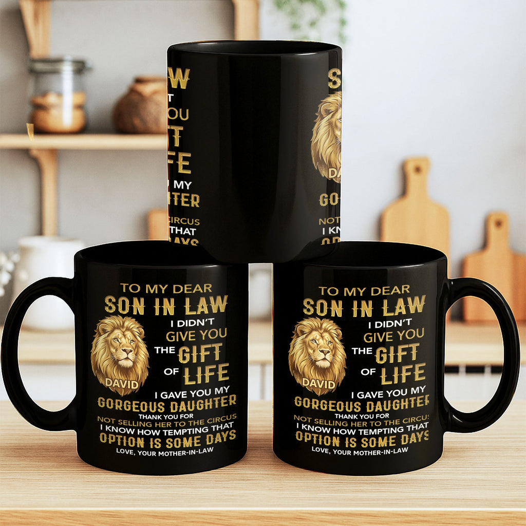 Personalized Black Mug Gift for Son-in-Law Custom Lion Design Black Mug GradoCreations