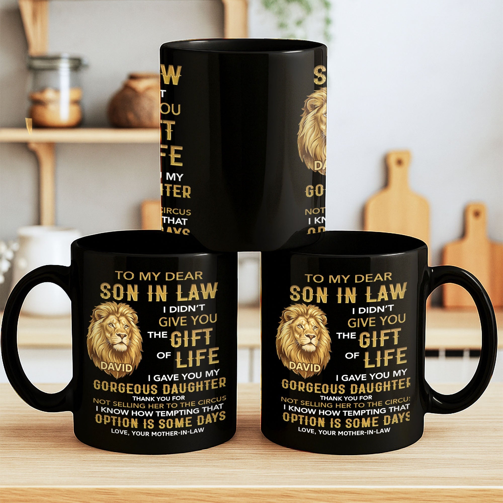 Personalized Black Mug Gift for Son-in-Law Custom Lion Design Black Mug GradoCreations