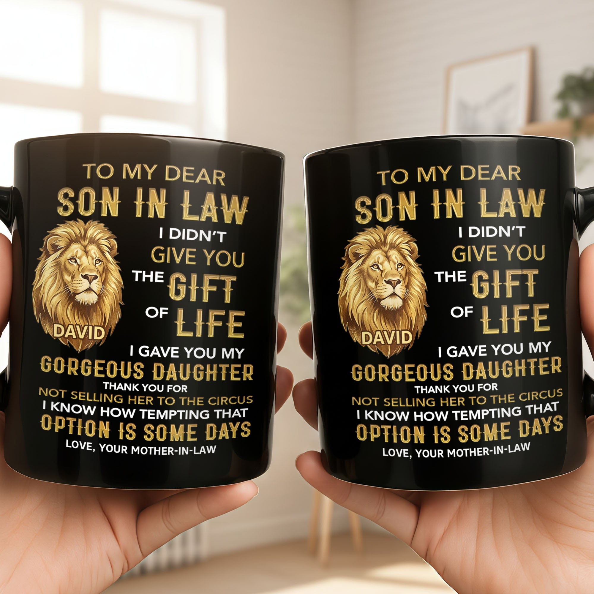 Personalized Black Mug Gift for Son-in-Law Custom Lion Design Black Mug GradoCreations