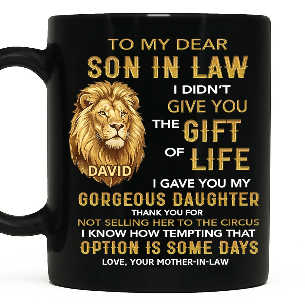 Personalized Black Mug Gift for Son-in-Law Custom Lion Design Black Mug GradoCreations