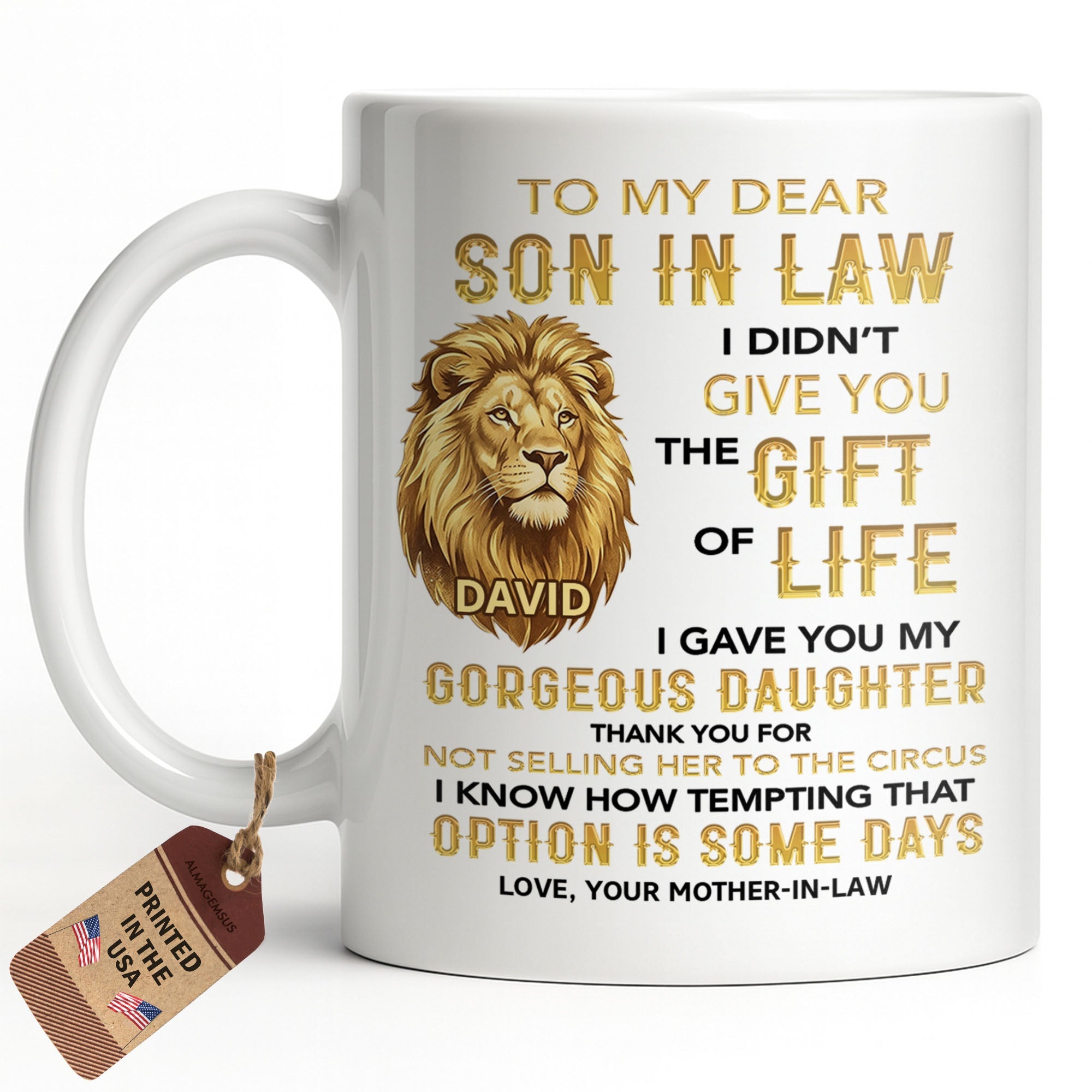 Personalized Lion Head Coffee Mug Custom Gift for Son-in-Law Edge-to-edge Mug GradoCreations