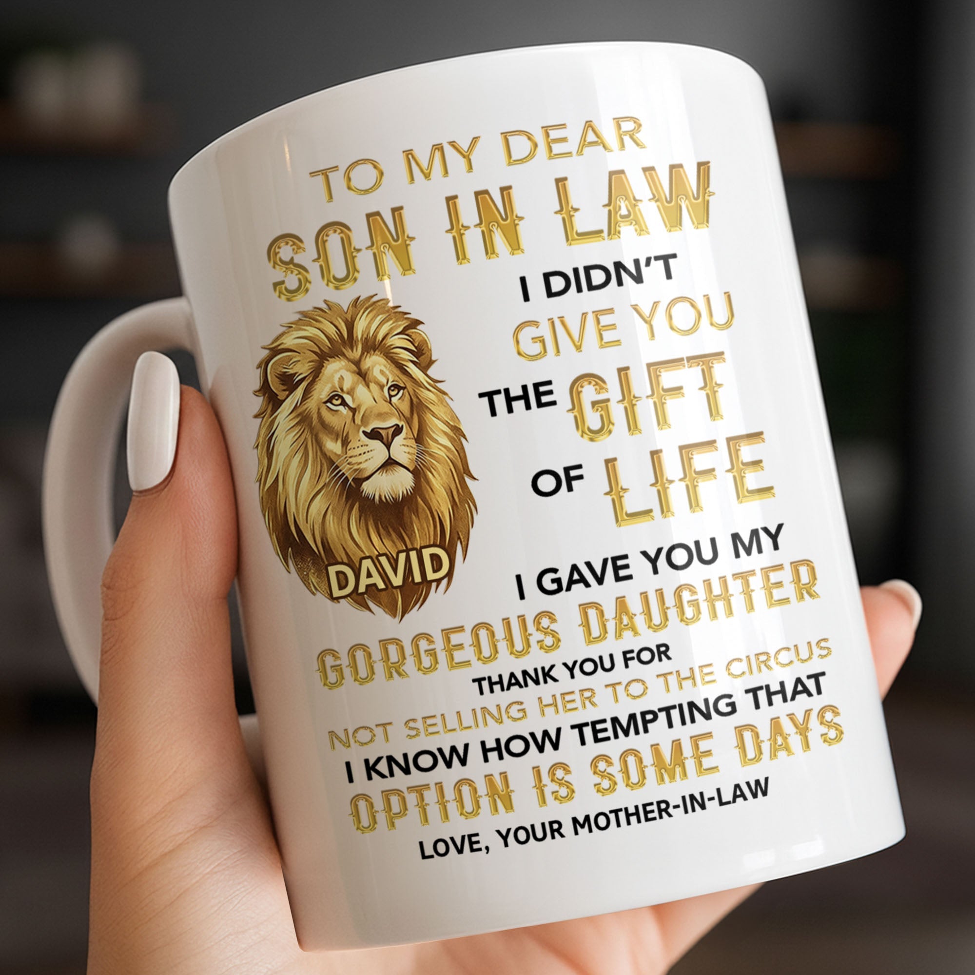 Personalized Lion Head Coffee Mug Custom Gift for Son-in-Law Edge-to-edge Mug GradoCreations