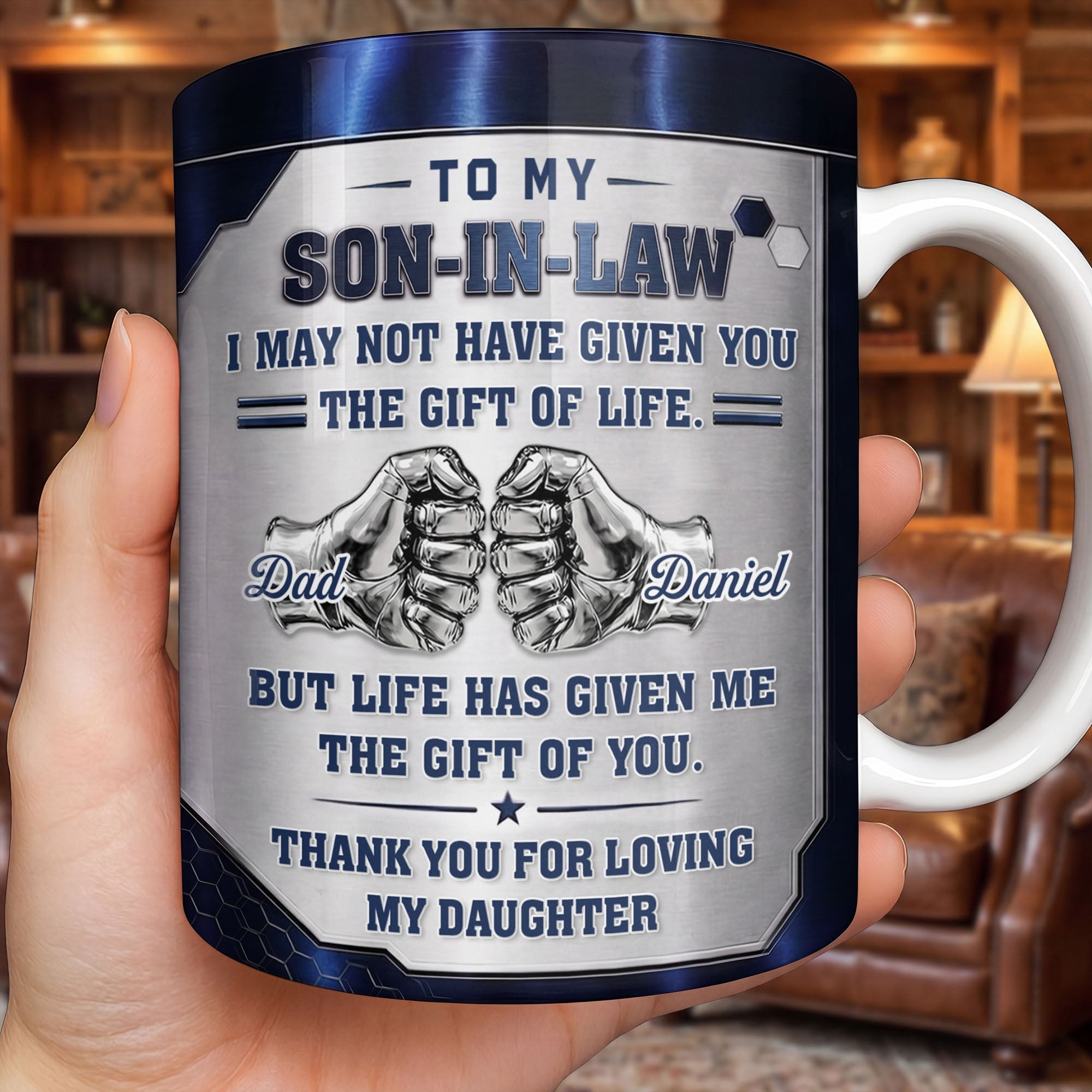Personalized Fist Bump Coffee Mug Custom Gift for Son-in-Law Edge-to-edge Mug GradoCreations