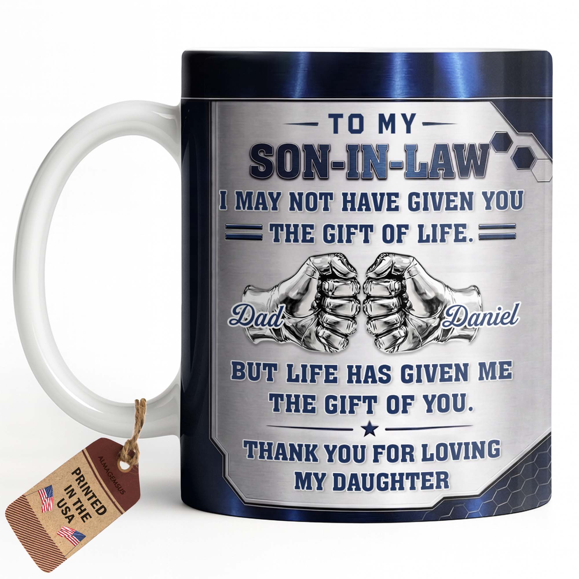 Personalized Fist Bump Coffee Mug Custom Gift for Son-in-Law Edge-to-edge Mug GradoCreations