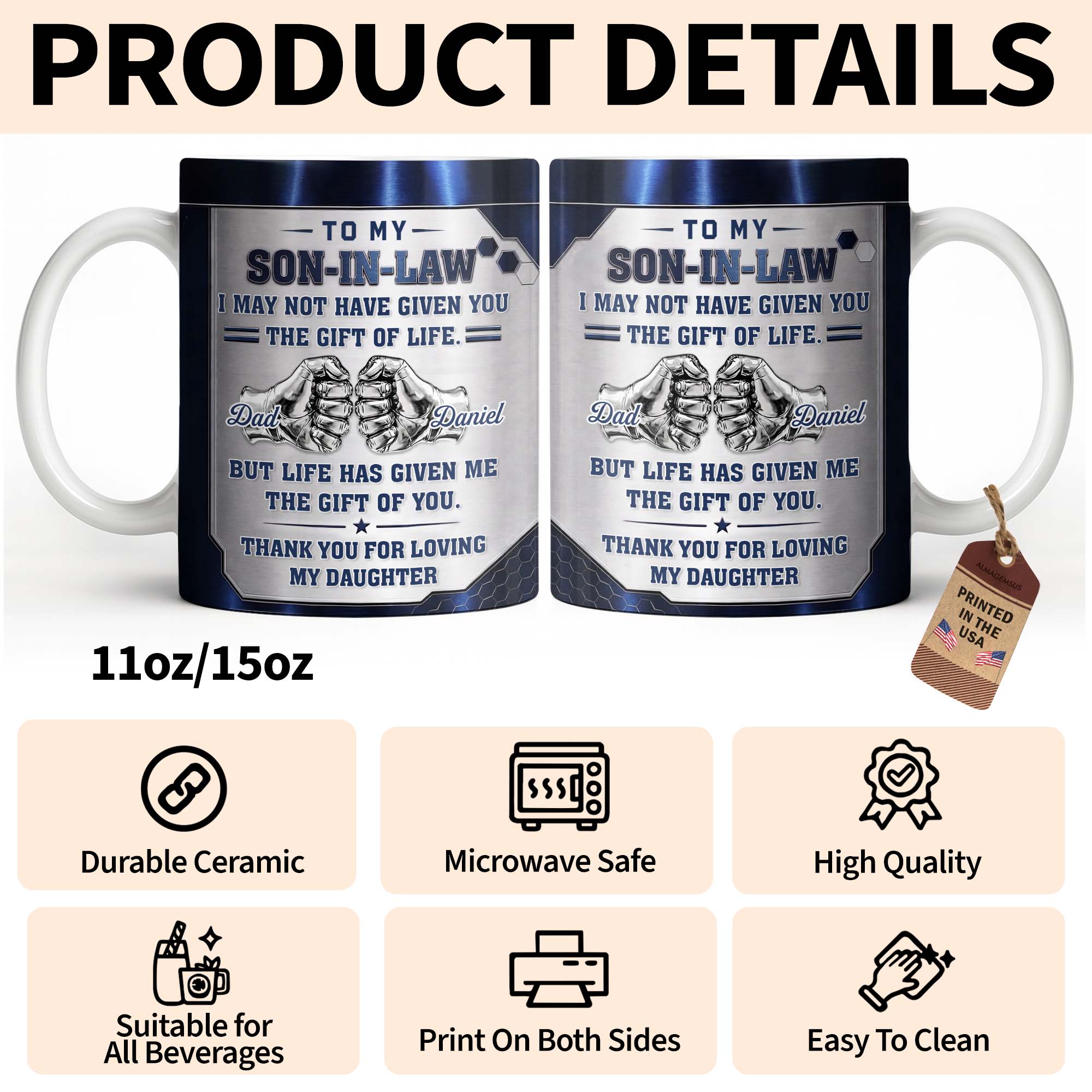 Personalized Fist Bump Coffee Mug Custom Gift for Son-in-Law Edge-to-edge Mug GradoCreations