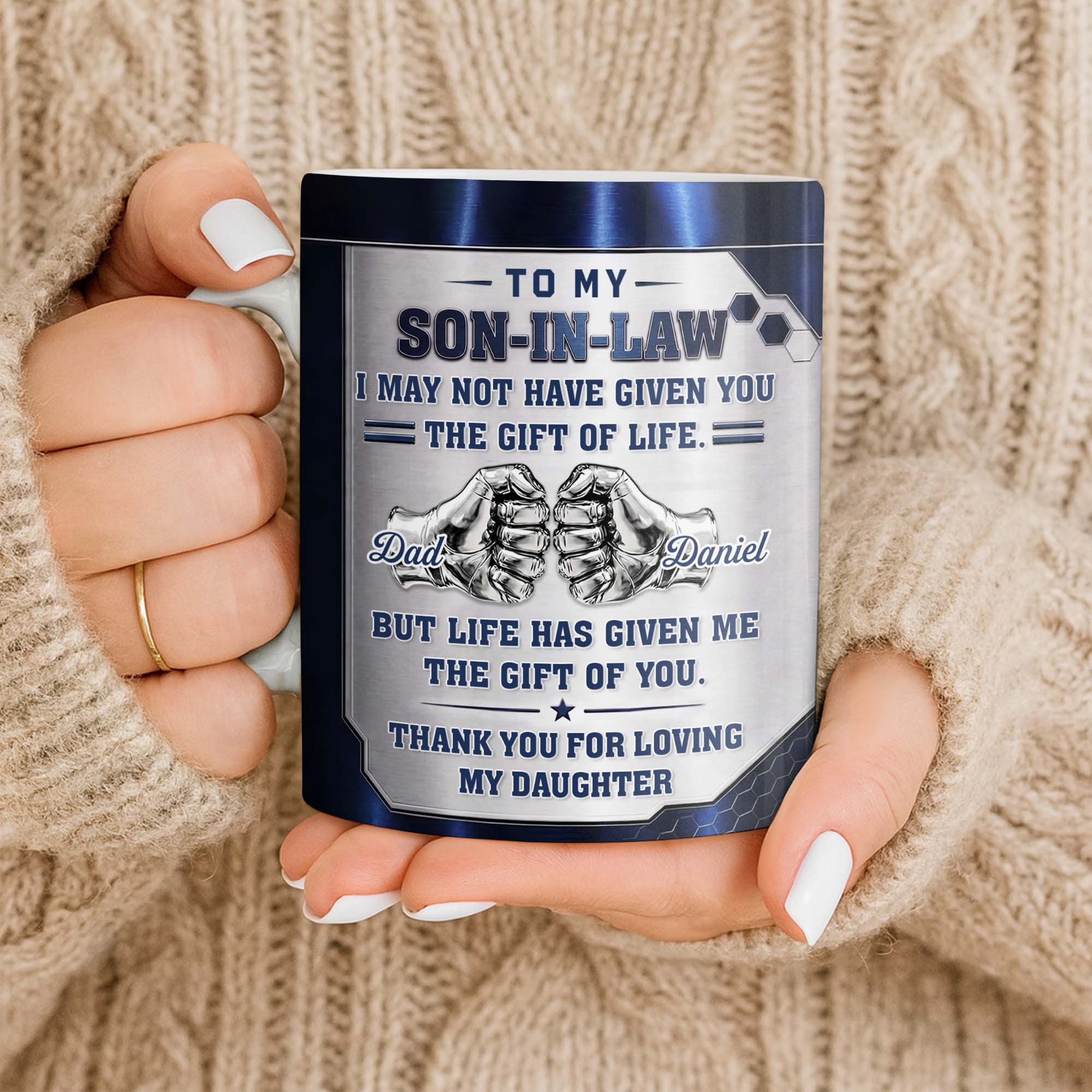 Personalized Fist Bump Coffee Mug Custom Gift for Son-in-Law Edge-to-edge Mug GradoCreations